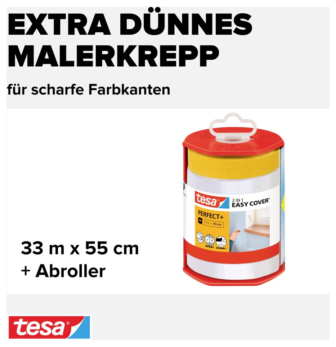 Verpackung von Tesa Malerband 2-in-1 Easy Cover, extra dünn, für scharfe Farbkanten, 33 m x 55 cm, inklusive Abroller.