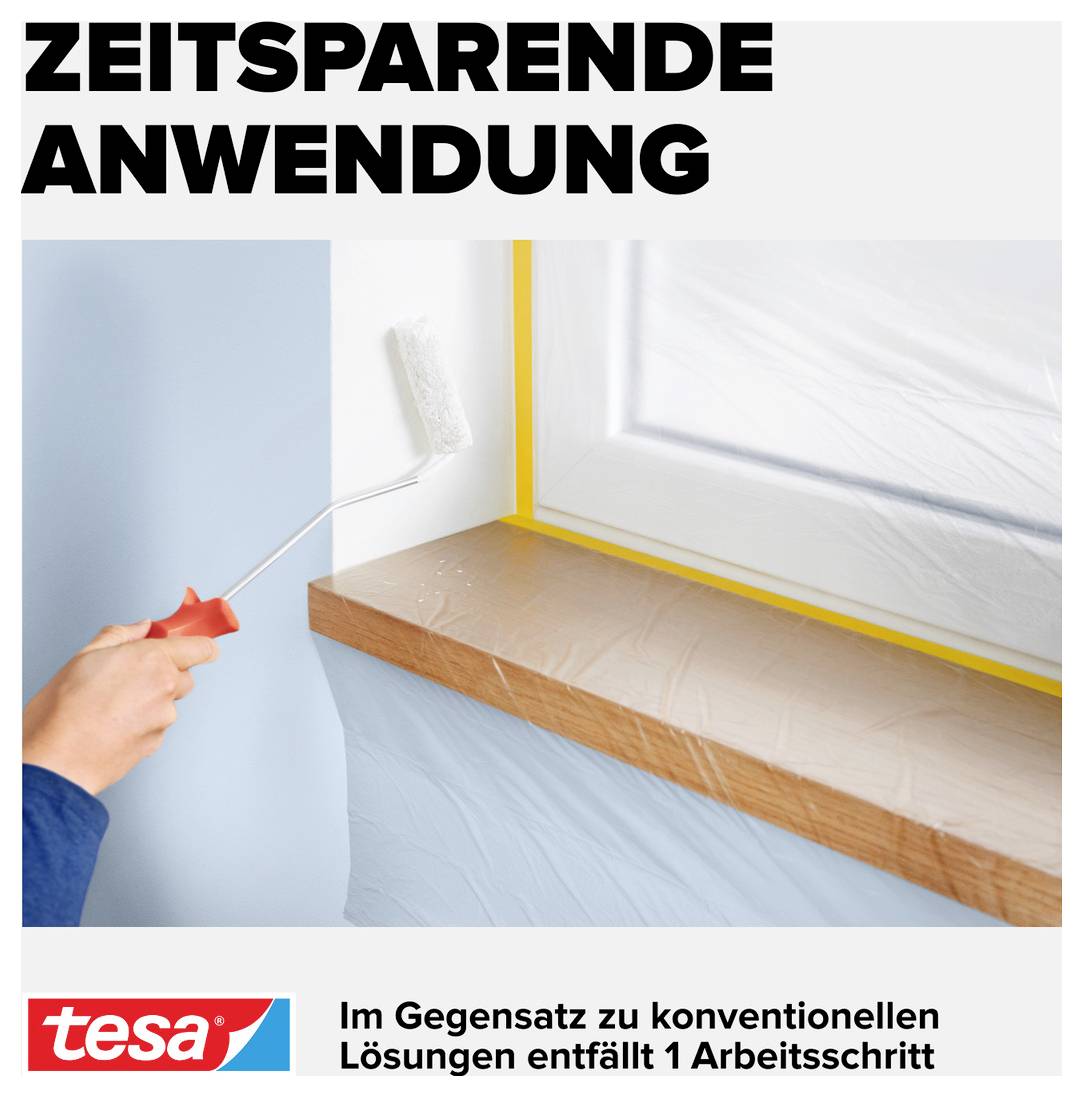 Person streicht vorsichtig den Fensterrahmen mit einer Farbrolle. Text: ZEITSPARENDE ANWENDUNG. Tesa-Logo unten links.
