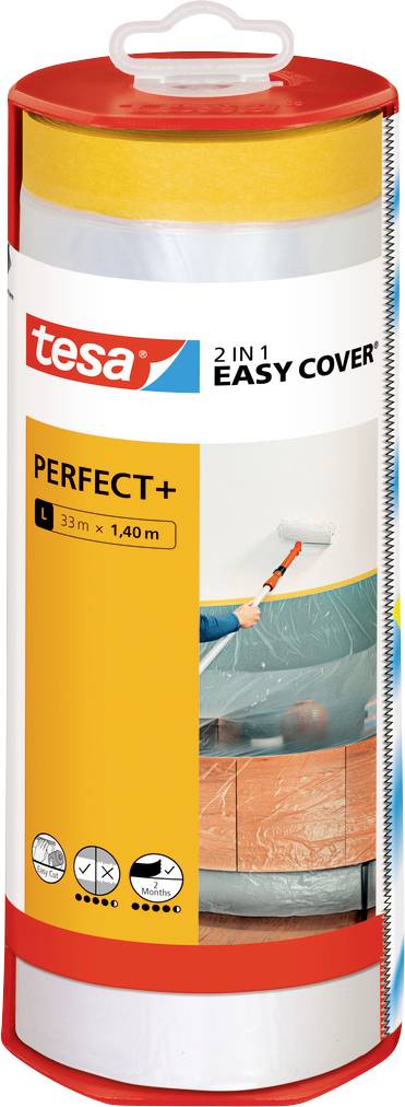 Tesa 2-in-1 Easy Cover Perfect+ Rolle, 33m x 1,40m, gezeigt mit Bild einer Person, die einen Farbroller an einer Wand verwendet.