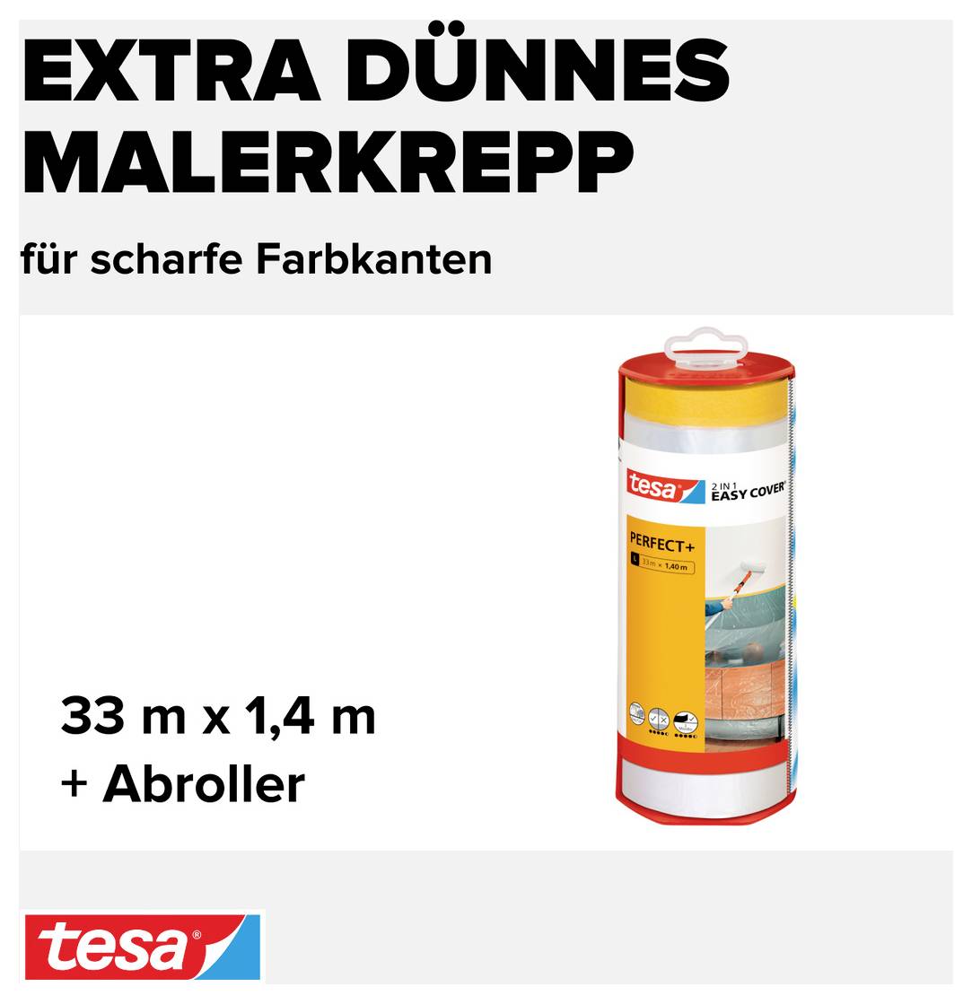 'Extra dünnes Malerkrepp für scharfe Farbkanten.' Eine Rolle Tesa Malerkrepp, 33 m x 1,4 m, mit Abroller abgebildet.
