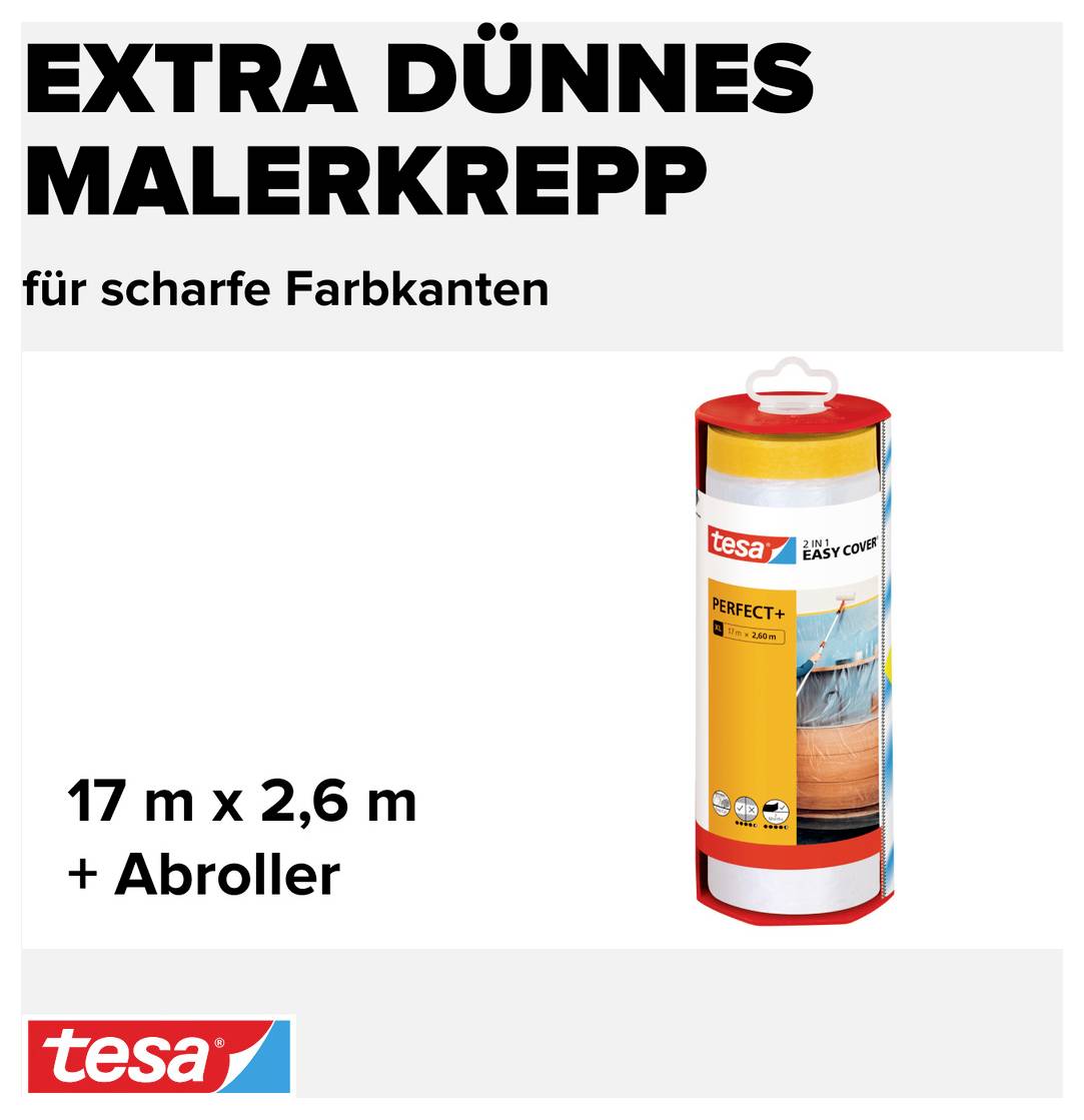 'Extra dünnes Malerkrepp für scharfe Farbkanten, 17 m x 2,6 m, inklusive Abroller.' Ein Produktbild von tesa.