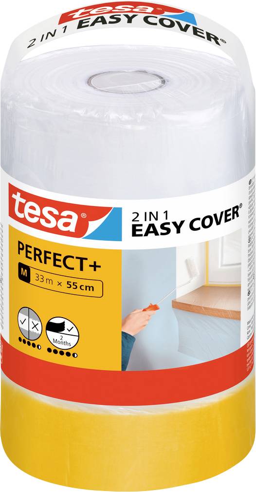 Rolle von Tesa 2 in 1 Easy Cover Perfect+ Klebeband zum Abdecken und Schützen. Zeigt Produktabmessungen: 33m x 55cm, mittlere Größe.