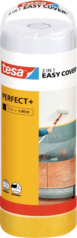 Eine Rolle Tesa '2-in-1 Easy Cover Perfect+' Abdeckband und Film, für Malerarbeiten gekennzeichnet, in orangefarbener, blauer und roter Verpackung.