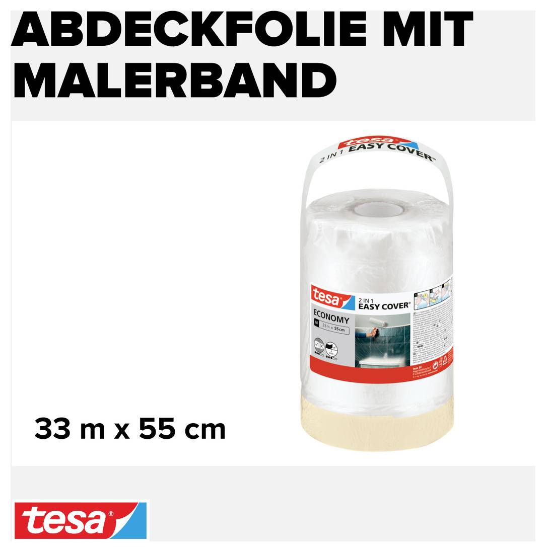 'Abdeckfolie mit Malerband', 33 m x 55 cm, Marke tesa. Verpackung mit Folienrolle und integriertem Klebeband für einfache Abdeckung beim Malen.