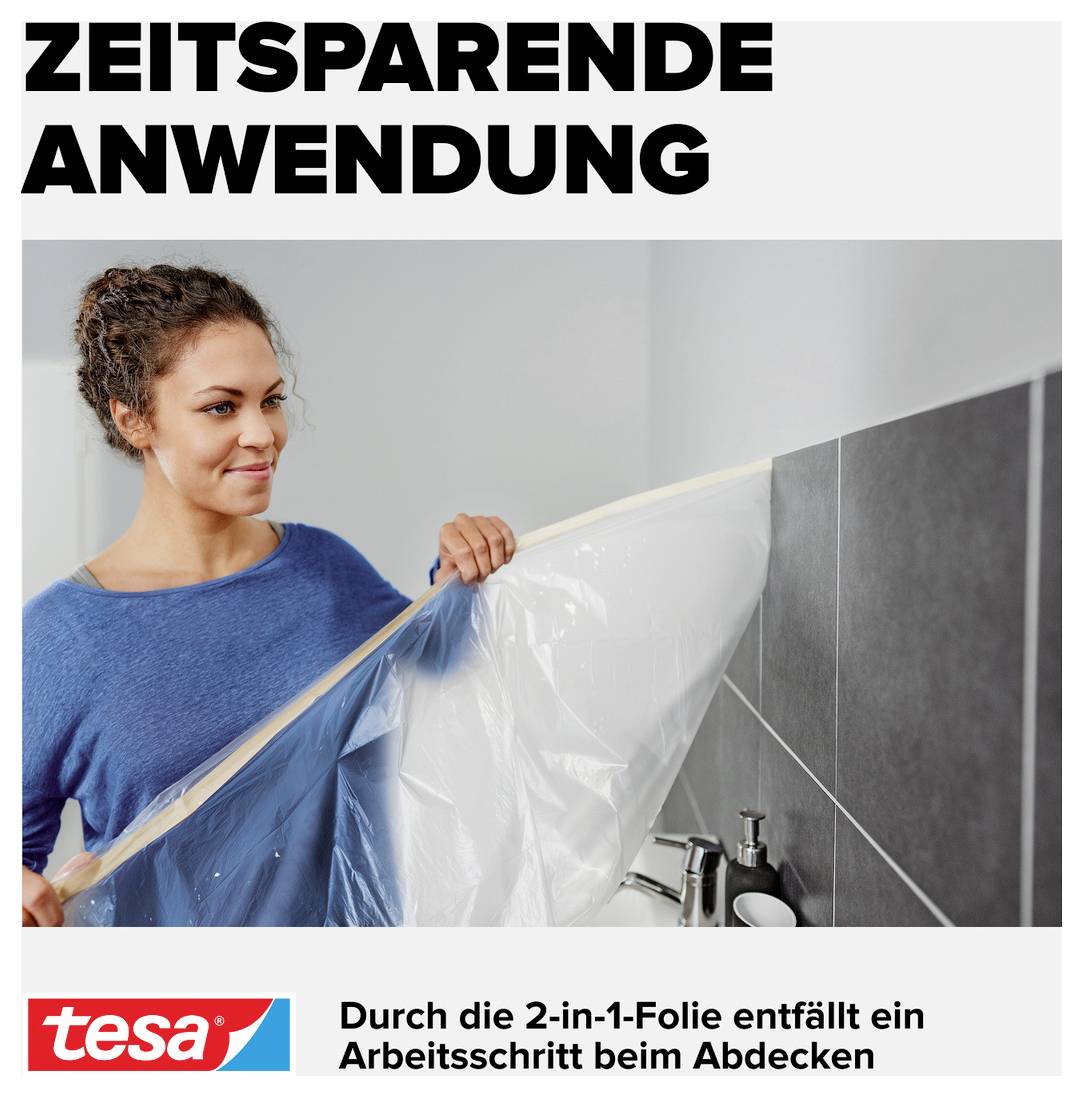 Eine Frau verwendet eine Schutzfolie an einer Wand. Text oben: 'ZEITSPARENDE ANWENDUNG'. Unten: 'Durch die 2-in-1-Folie entfällt ein Arbeitsschritt beim Abdecken'.