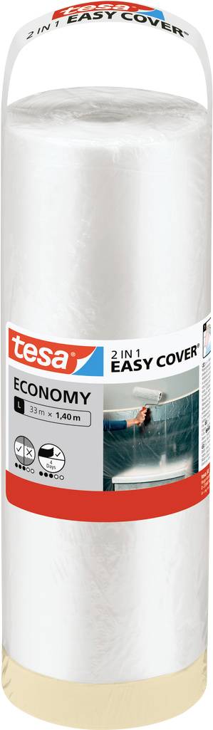 Eine Rolle tesa 2-in-1 Easy Cover Economy, bestehend aus einer Abdeckplane und Malerkrepp, entwickelt für Mal- und Renovierungsprojekte.