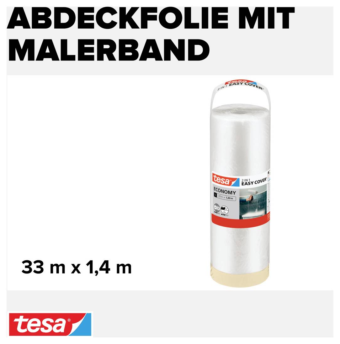 Abdeckfolie mit Malerband von tesa, 33 m x 1,4 m, abgebildet als Produktverpackung.