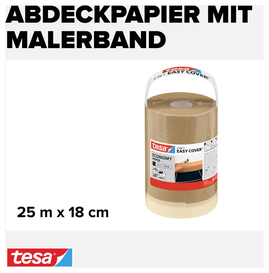 Abdeckpapier mit Malerband, 25 m x 18 cm, Marke tesa, 2-in-1 Easy Cover. Rolle mit Abdeckpapier und integriertem Klebeband.
