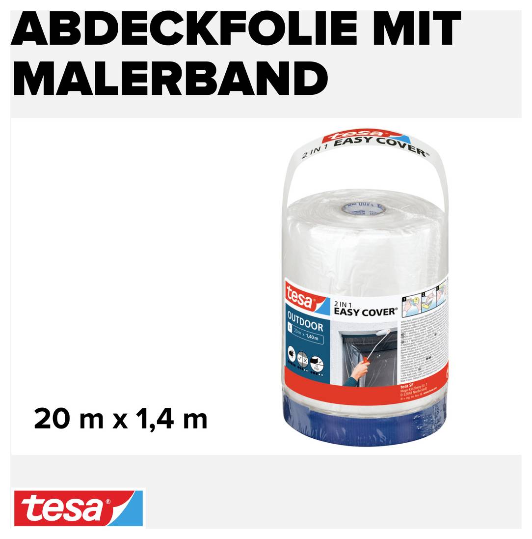 Eine Rolle Abdeckfolie mit Malerband von Tesa, mit den Maßen 20 m x 1,4 m, präsentiert in einer Verpackung.