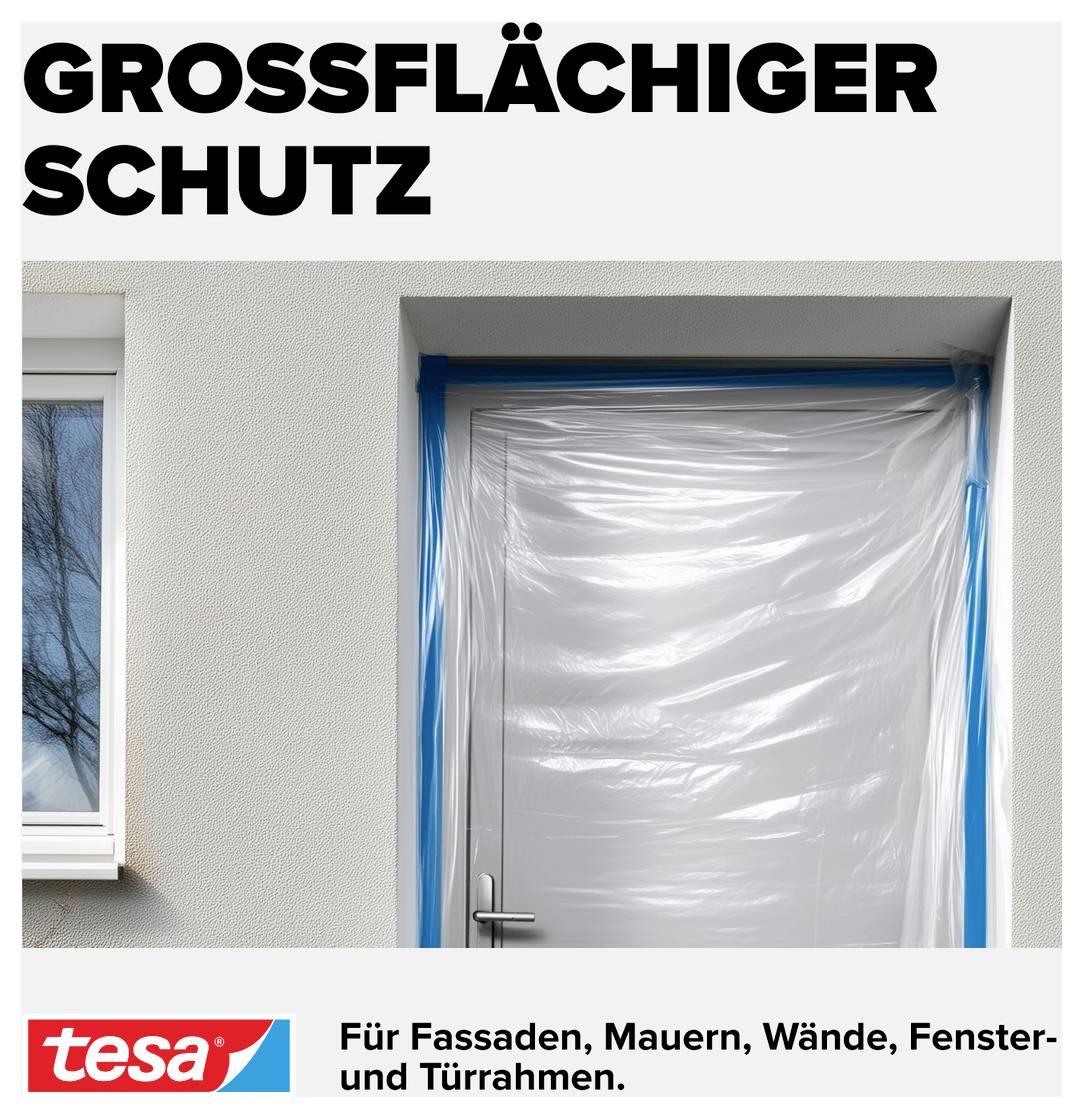 'Großflächiger Schutz' steht oben. Eine Tür ist mit Plastikfolie und blauem Band abgedeckt. Unten steht: 'Für Fassaden, Mauern, Wände, Fenster- und Türrahmen'.