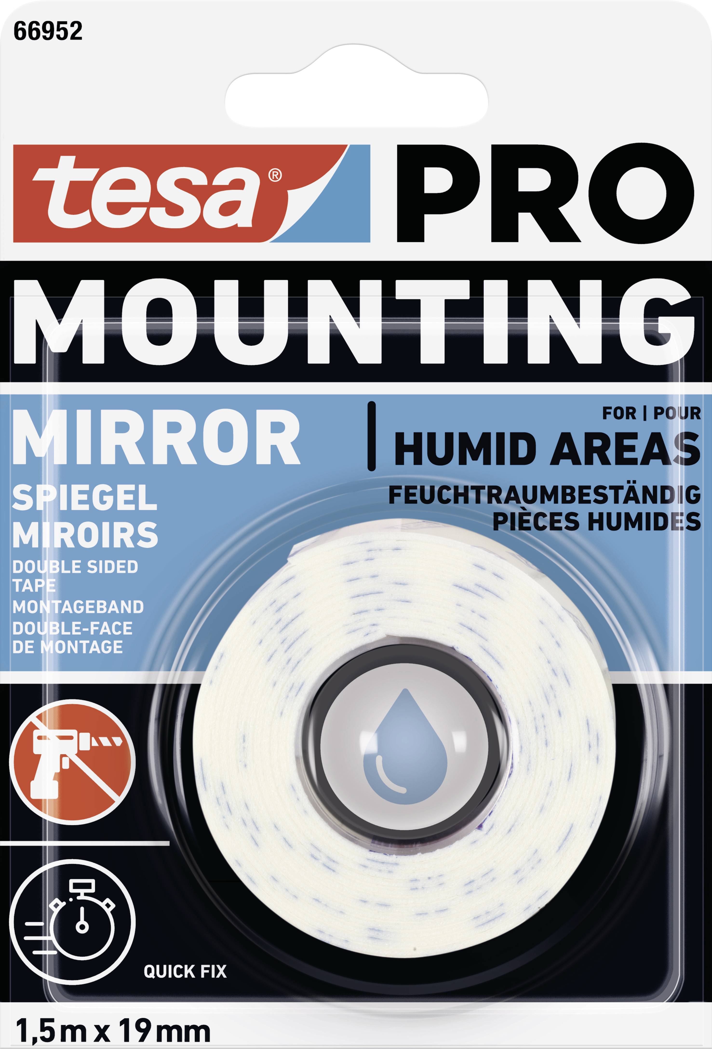 Verpackung einer Doppelseitigen-Klebebandrolle 'tesa PRO MOUNTING' für Spiegel in feuchten Räumen, 1,5 m x 19 mm.