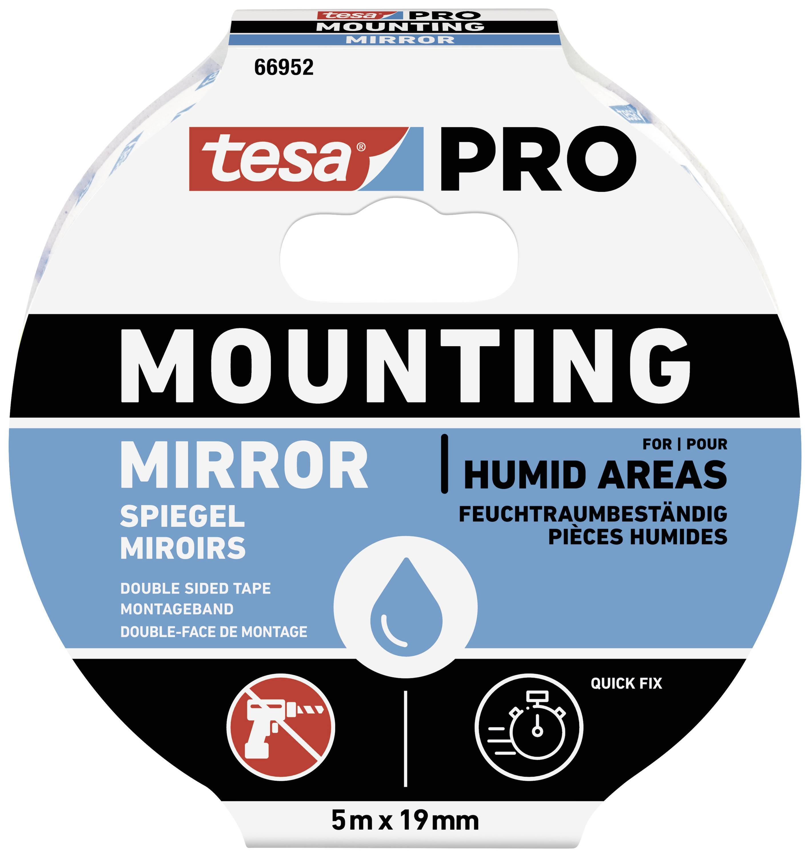 Produktverpackung von tesa PRO Montagetape für Spiegel in Feuchträumen. Zeigt Markenlogo, Produktname und Eigenschaften wie 'Feuchtraumbeständig'.