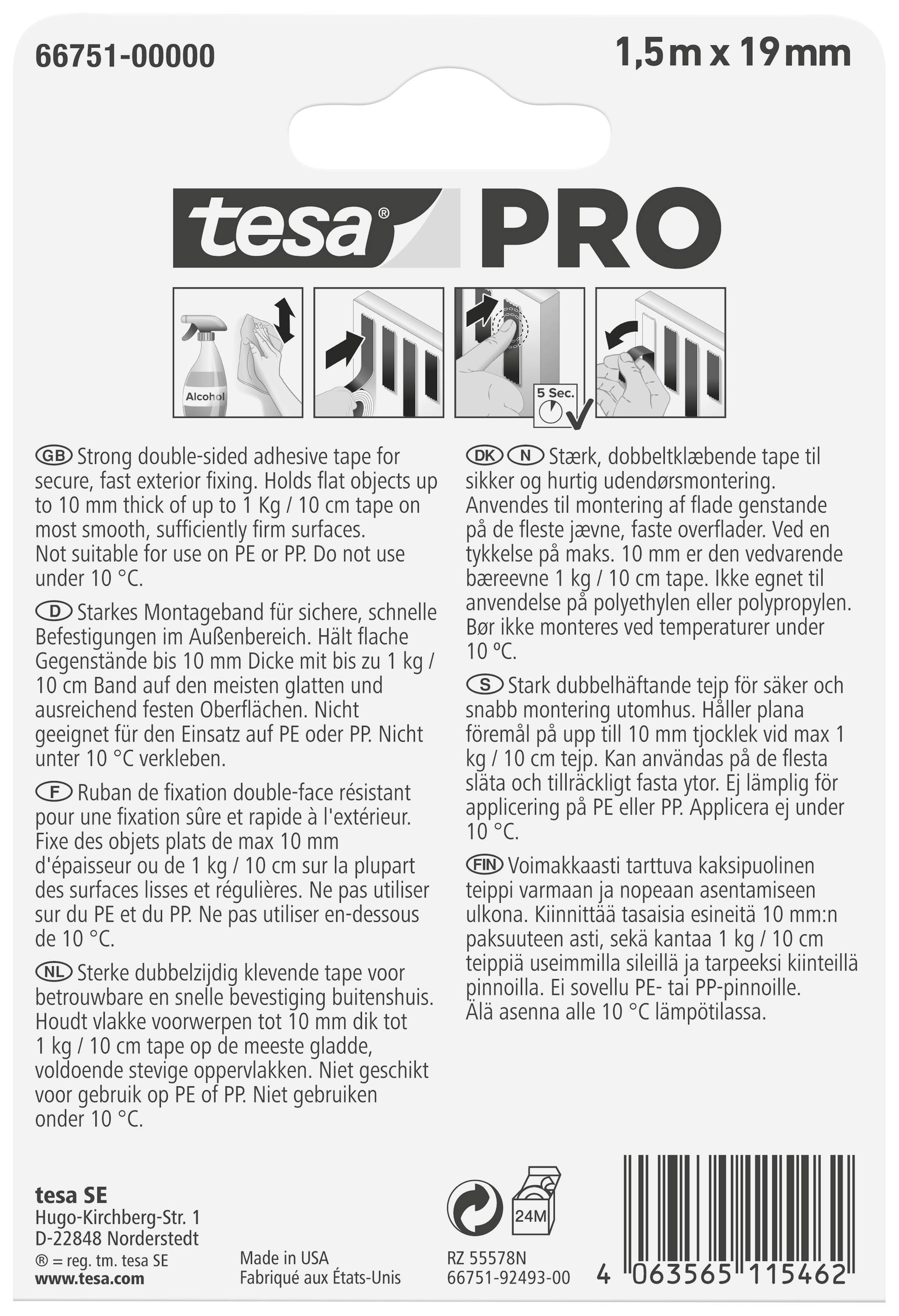 Verpackung der Tesa PRO doppelseitigen Klebebands, 1,5 m x 19 mm, ideal für feste, dauerhafte Befestigung im Innenbereich.