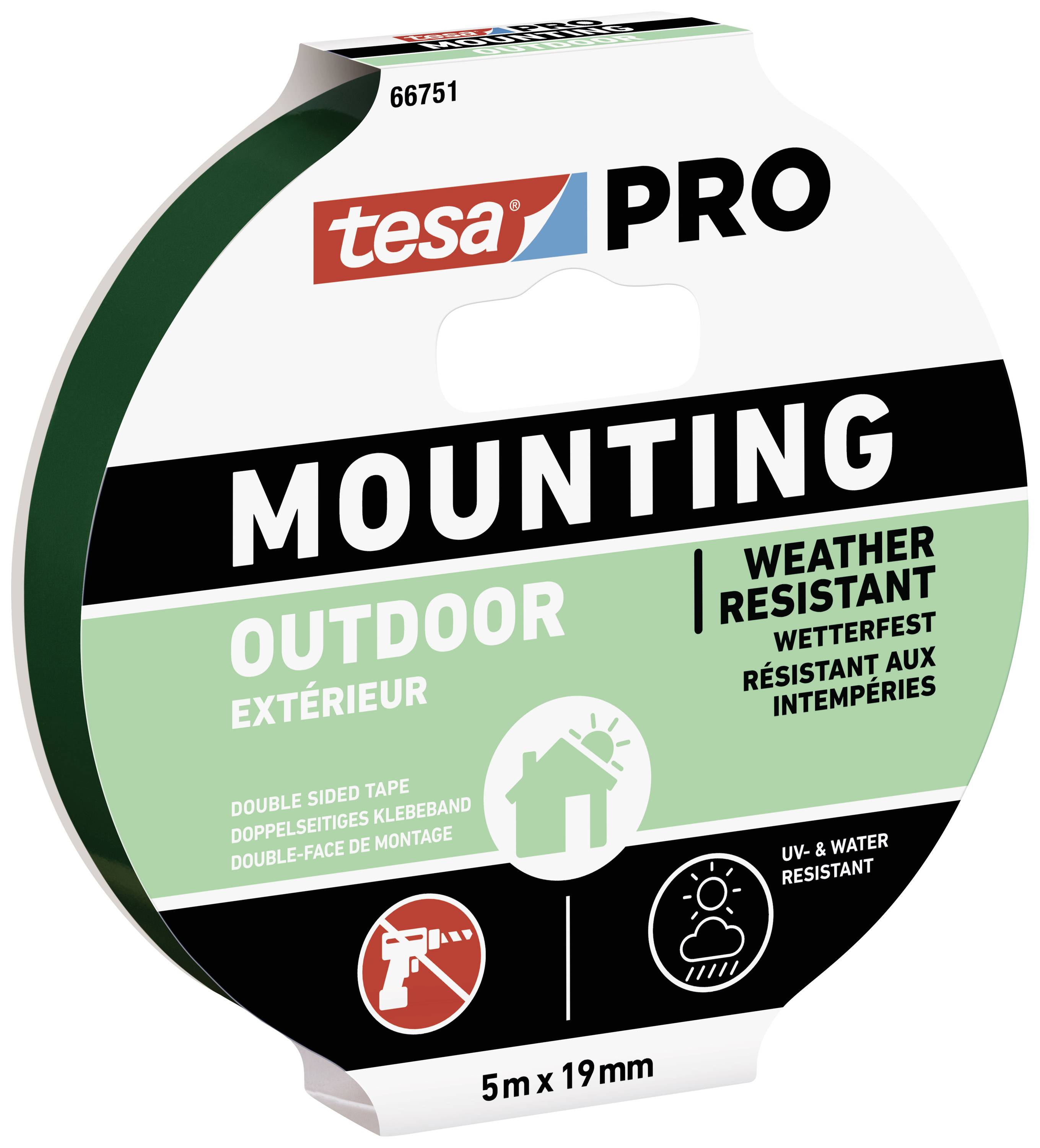 Doppelseitiges Klebeband 'tesa PRO MOUNTING OUTDOOR', wetterfest, UV- und wasserbeständig, Länge 5m, Breite 19mm, für Außenbereich.