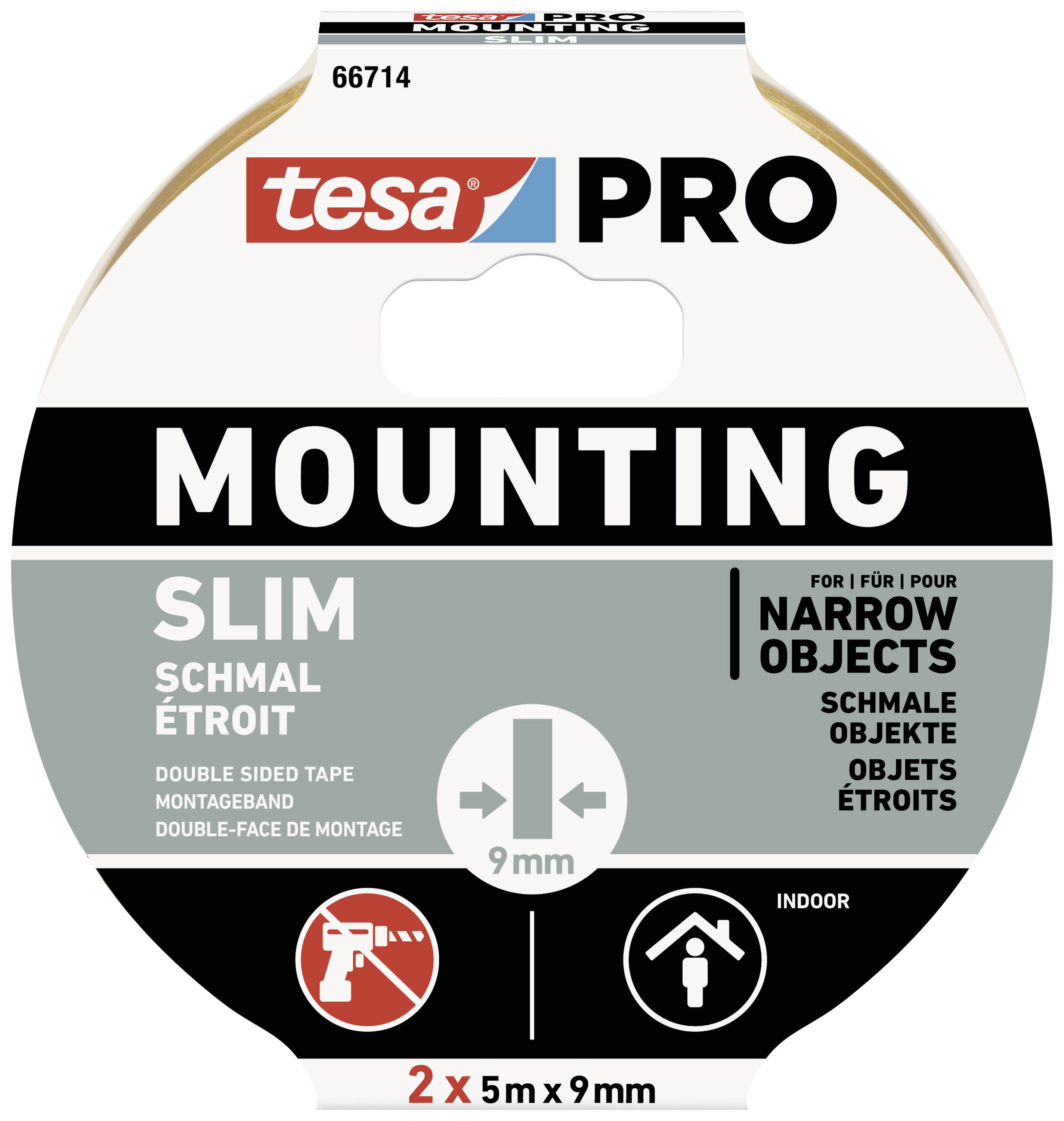 Produktverpackung einer doppelseitigen Klebebandrolle von Tesa PRO, geeignet für schmale Objekte, 2 Rollen à 5 m x 9 mm, für Innenräume.