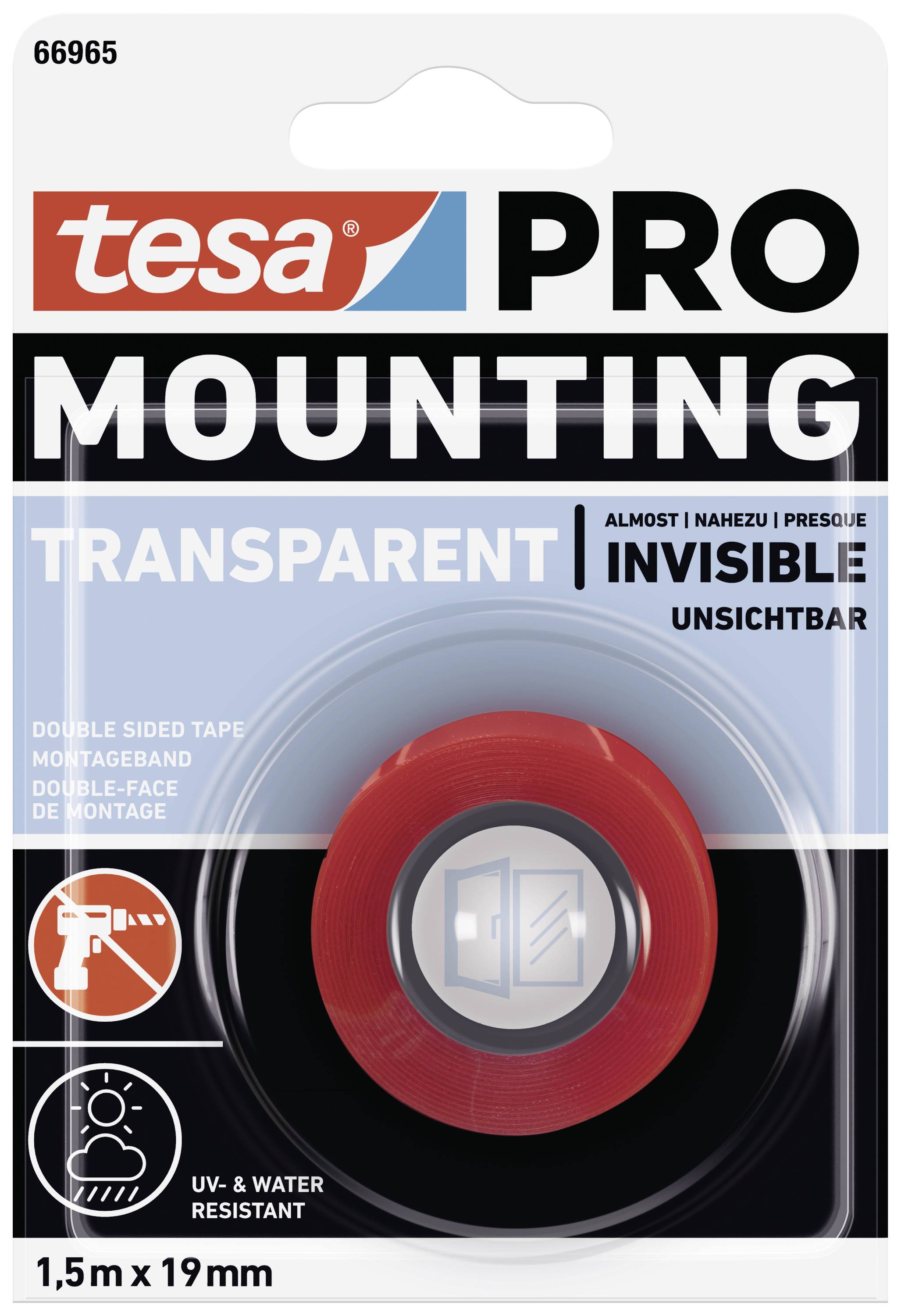 Verpackung von tesa PRO MOUNTING Transparent. Doppelseitiges, nahezu unsichtbares Klebeband. Maße: 1,5 m x 19 mm. Wasserfest.