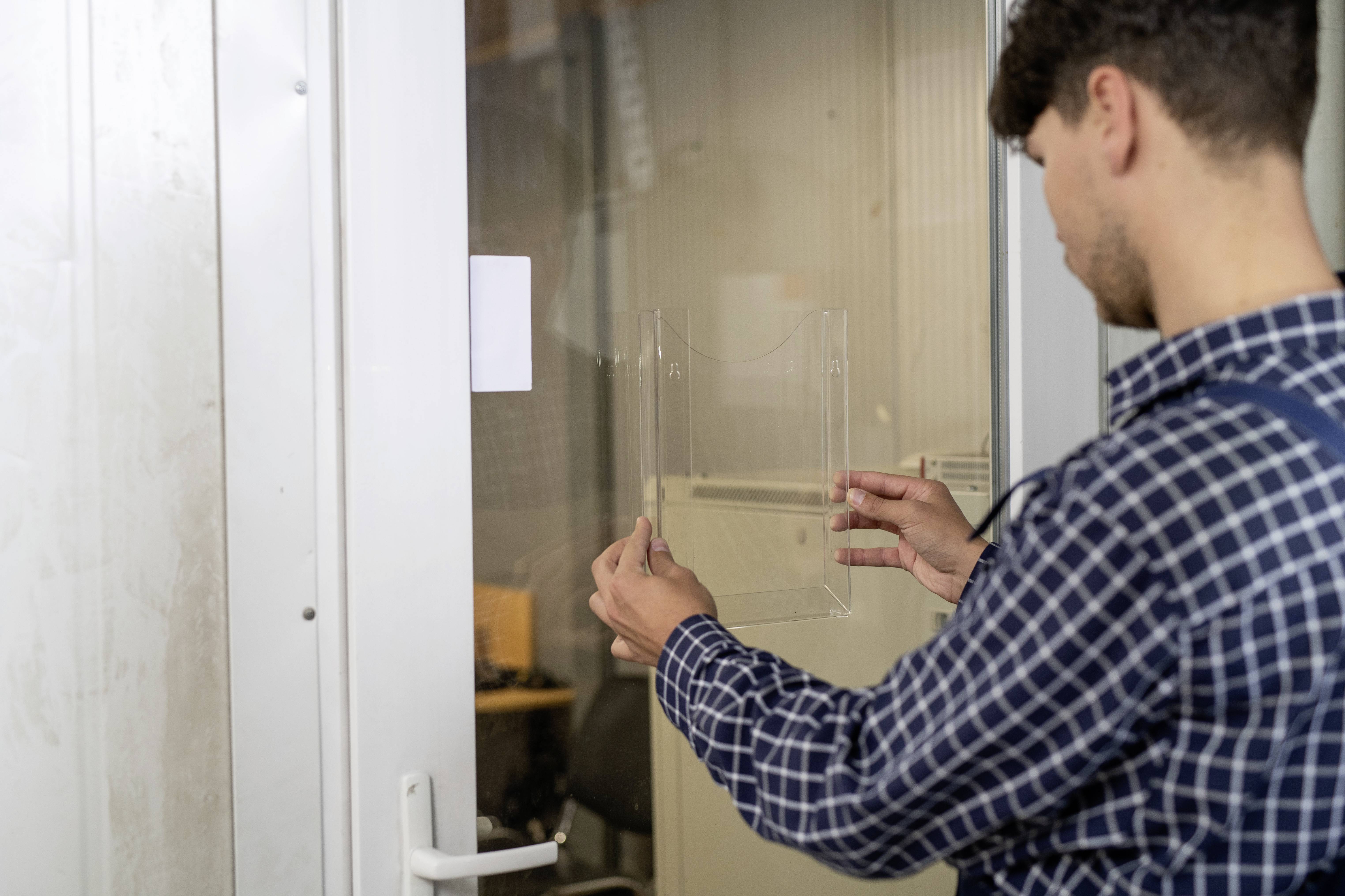 Eine Person befestigt eine transparente Plakathülle an einer Glastür, vermutlich um Informationen oder Ankündigungen anzuzeigen.