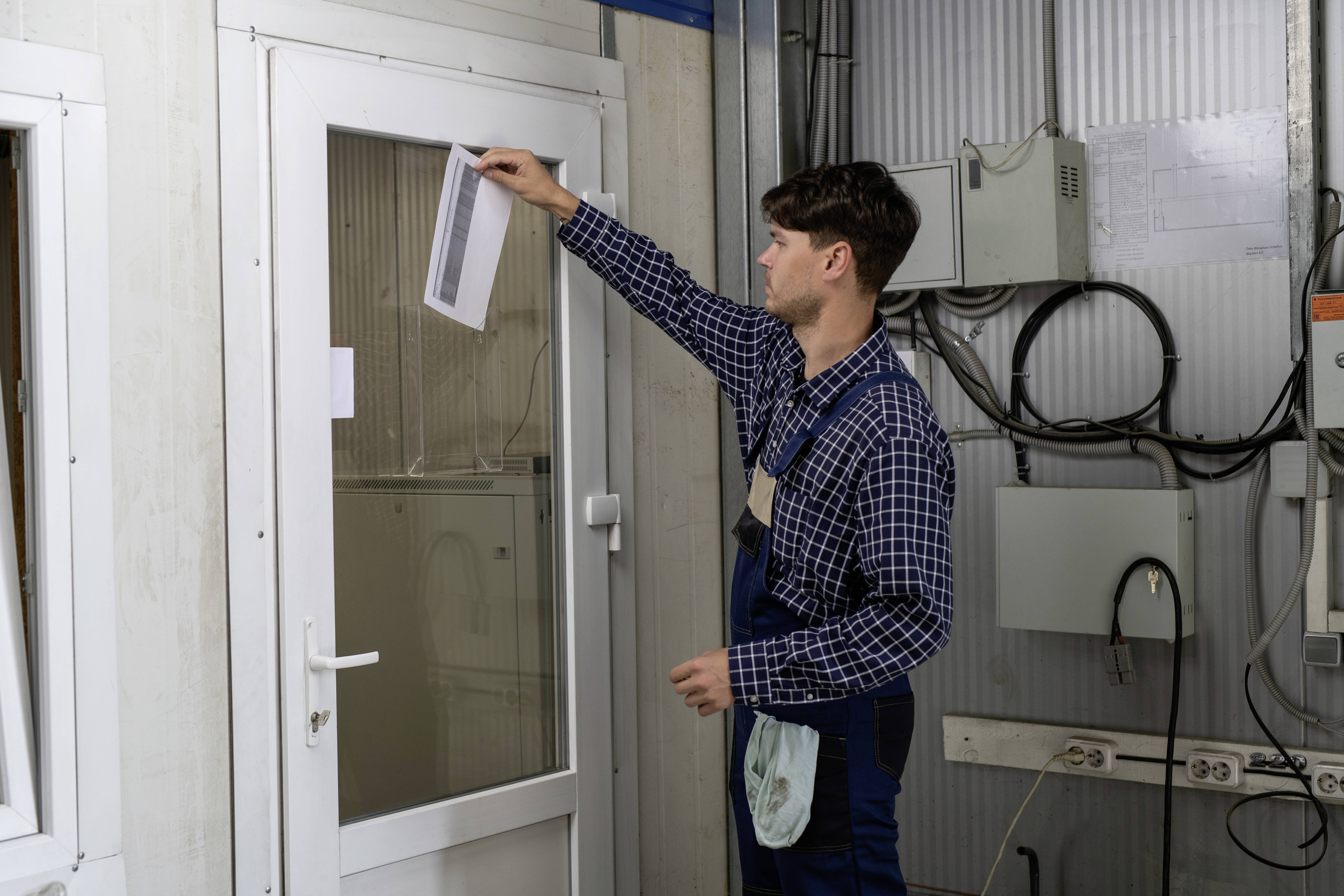 Ein Mann in Arbeitskleidung befestigt ein Dokument an einer geschlossenen Tür in einem industriellen Umfeld mit Technik im Hintergrund.