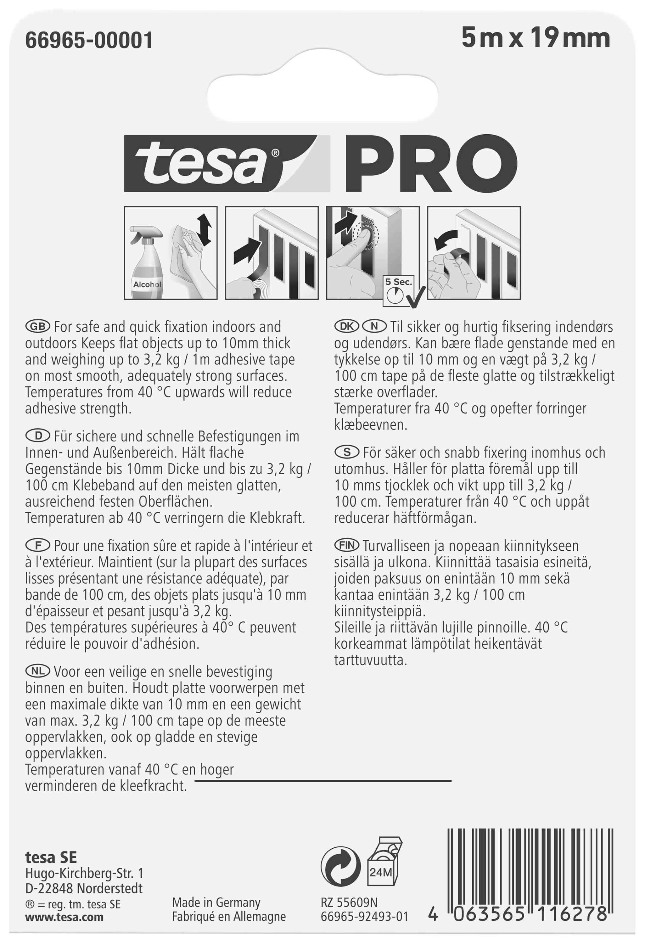 Rückseite einer Verpackung von tesa PRO Klebehaken. Enthält Anweisungen zur Verwendung, technischen Details und Sicherheitshinweise in mehreren Sprachen.