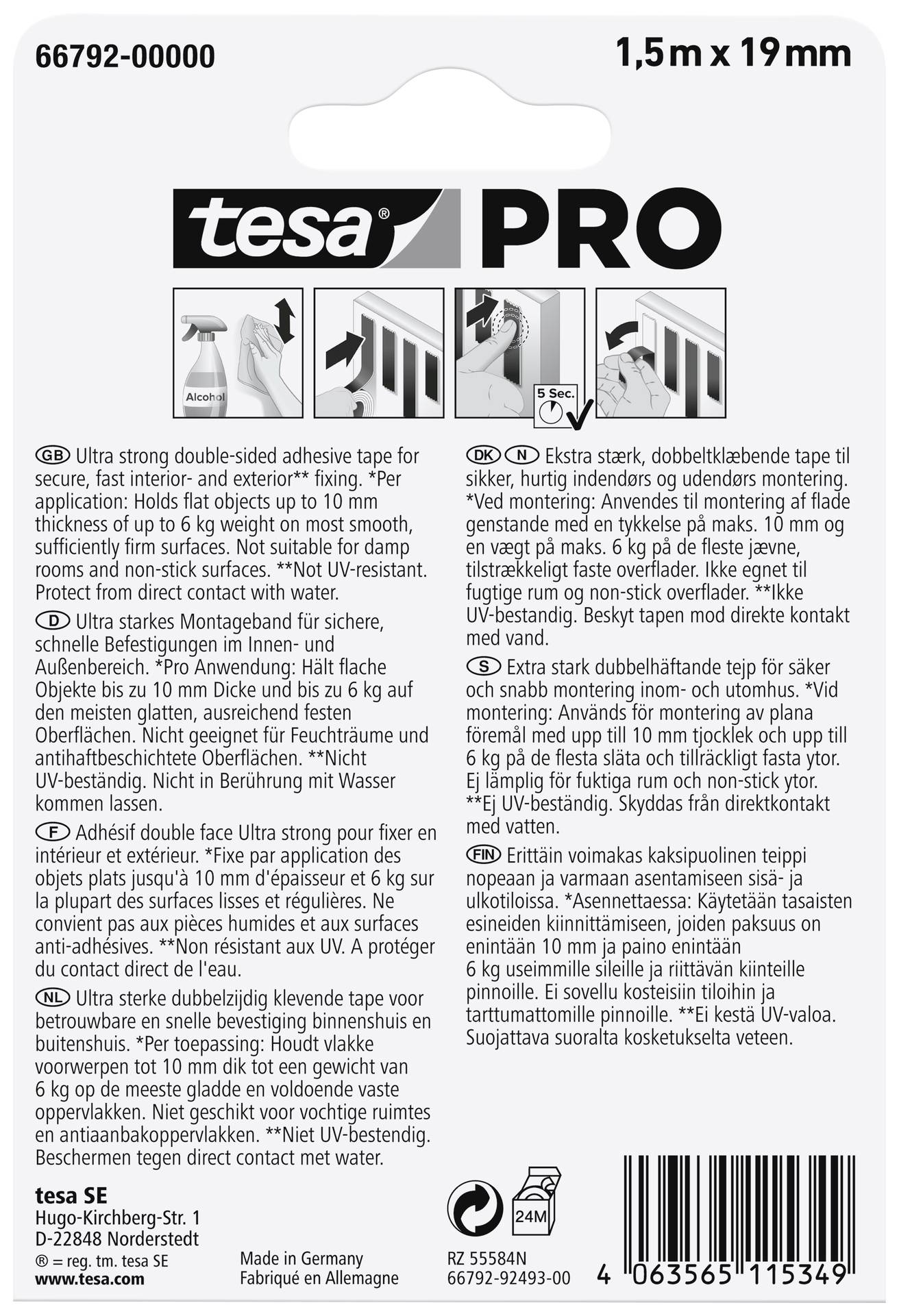 Produktverpackung von tesa PRO, doppelseitiges Klebeband. Text beschreibt Anwendungen und technische Details. Maße: 1,5 m x 19 mm.