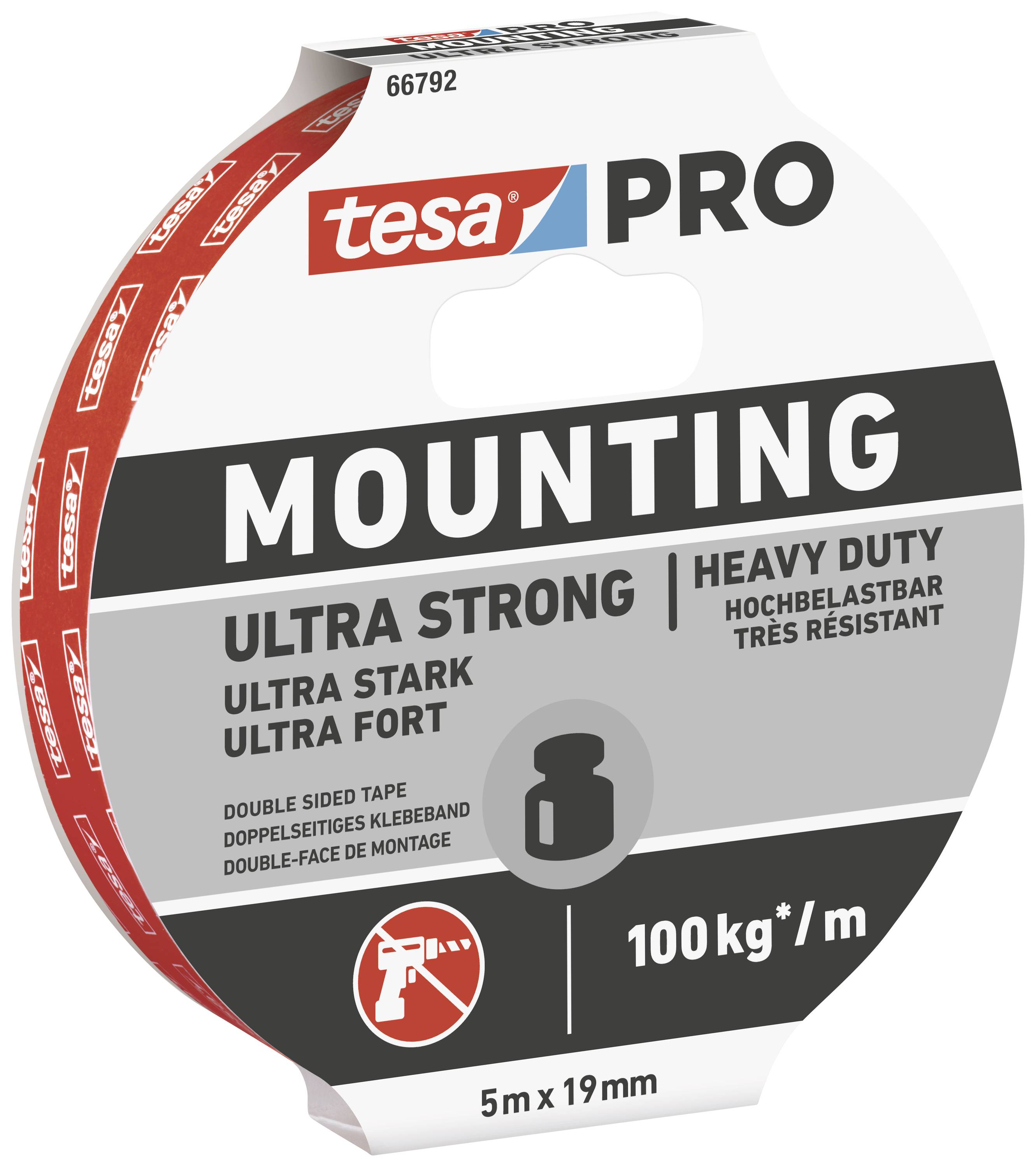 Zweiseitiges Klebeband von tesa für schwere Lasten. 'ULTRA STRONG' steht auf der Verpackung. Tragkraft: 100 kg/m, 5 m x 19 mm.
