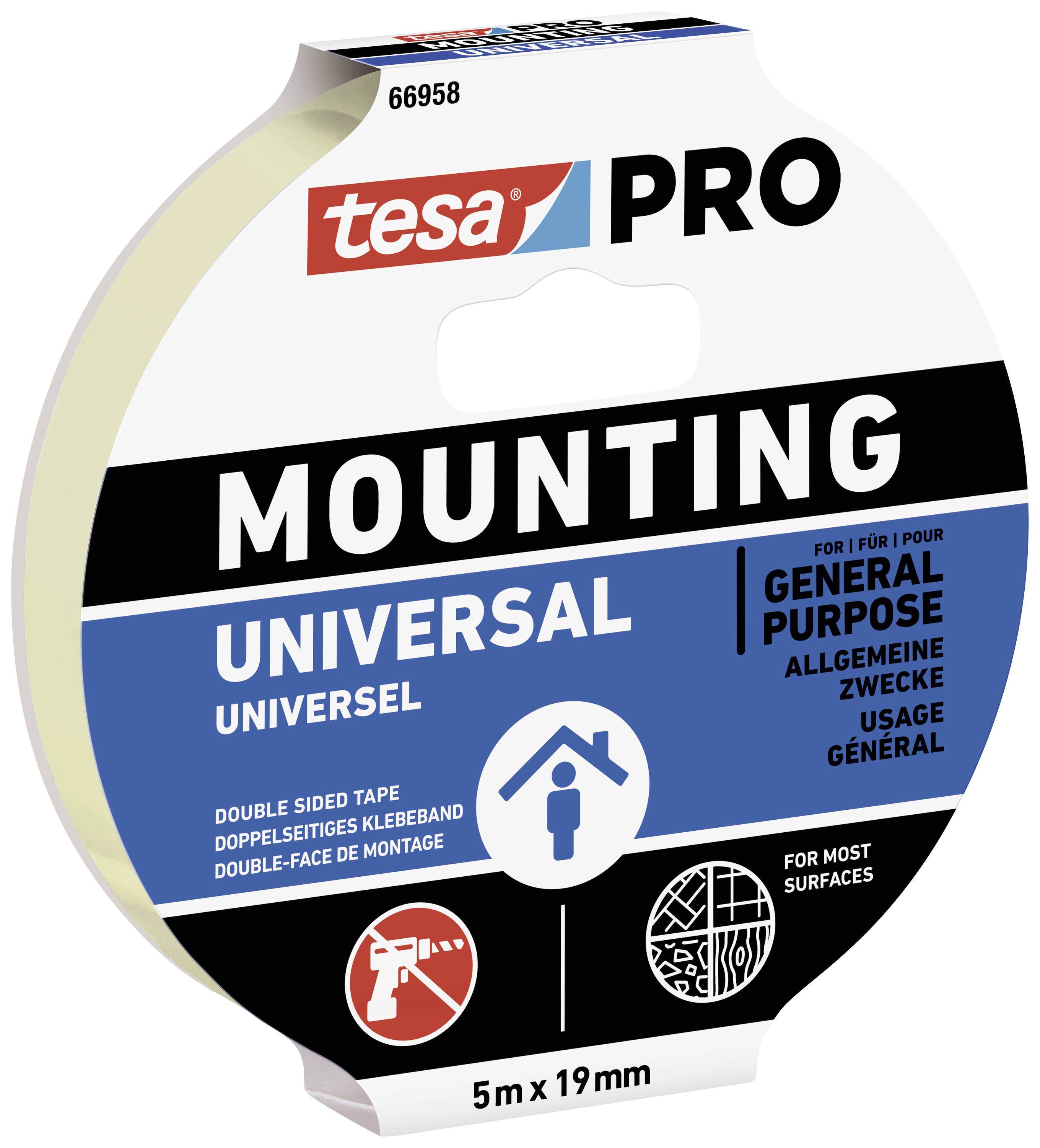 Doppelseitiges Klebeband 'tesa PRO MOUNTING UNIVERSAL', 5m x 19mm, für allgemeine Montagezwecke, geeignet für die meisten Oberflächen.