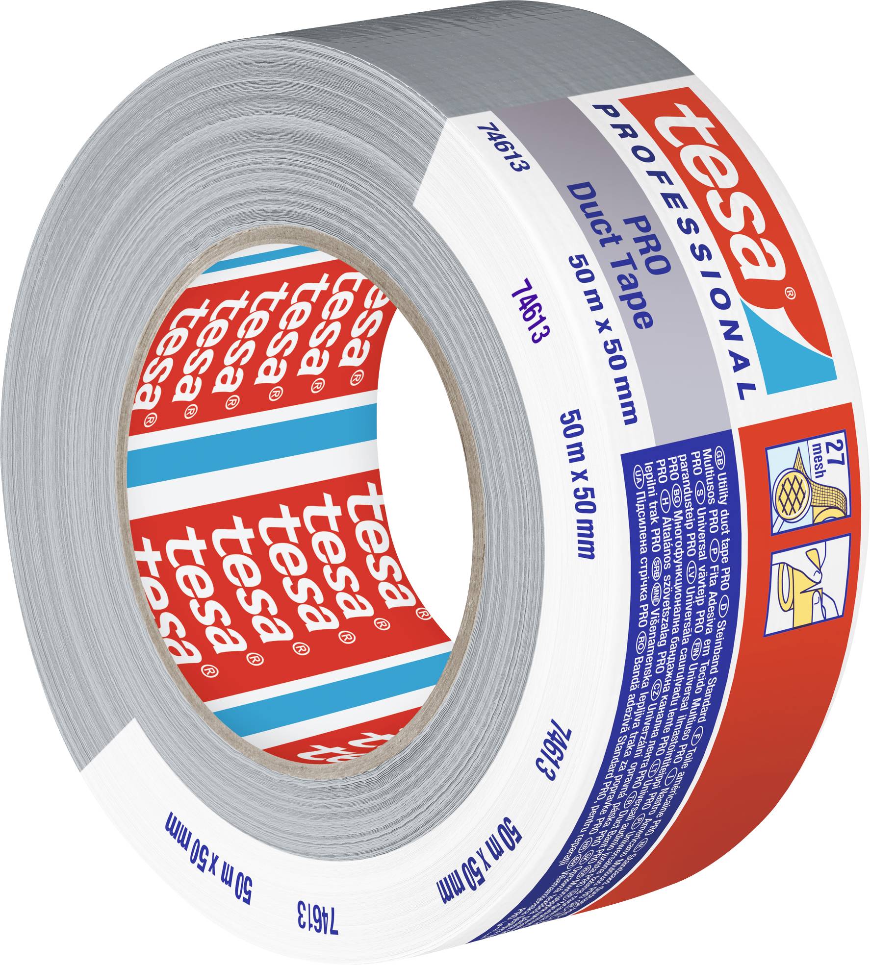 Silbernes Dichtungsband der Marke Tesa, 50 m x 50 mm, in Plastikverpackung mit Etikett für professionelle Anwendungen.