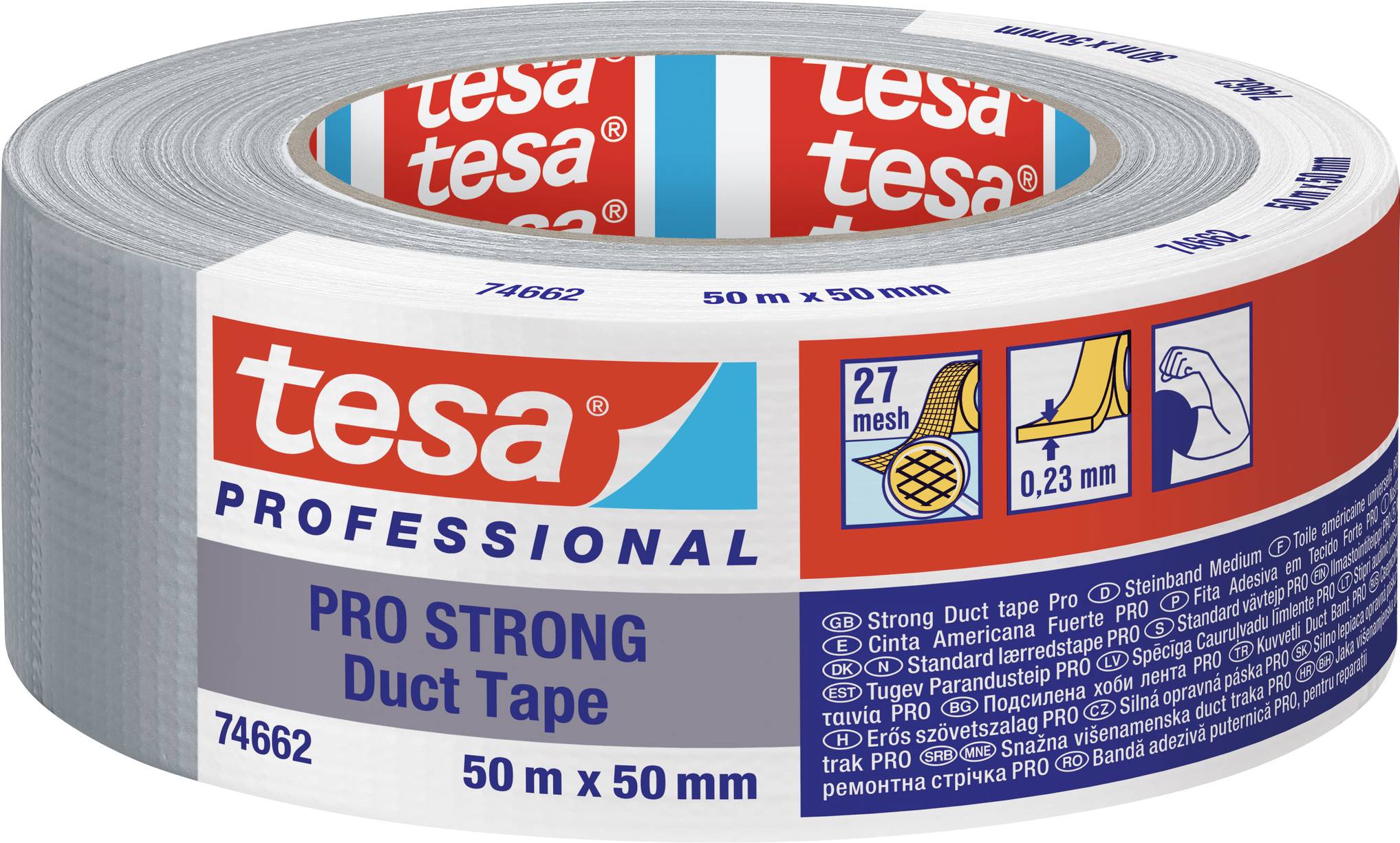 Rolle Tesa Pro Strong Duct Tape, Abmessungen 50m x 50mm, mit blauer und weißer Verpackung, ideal für starke Verbindungen.