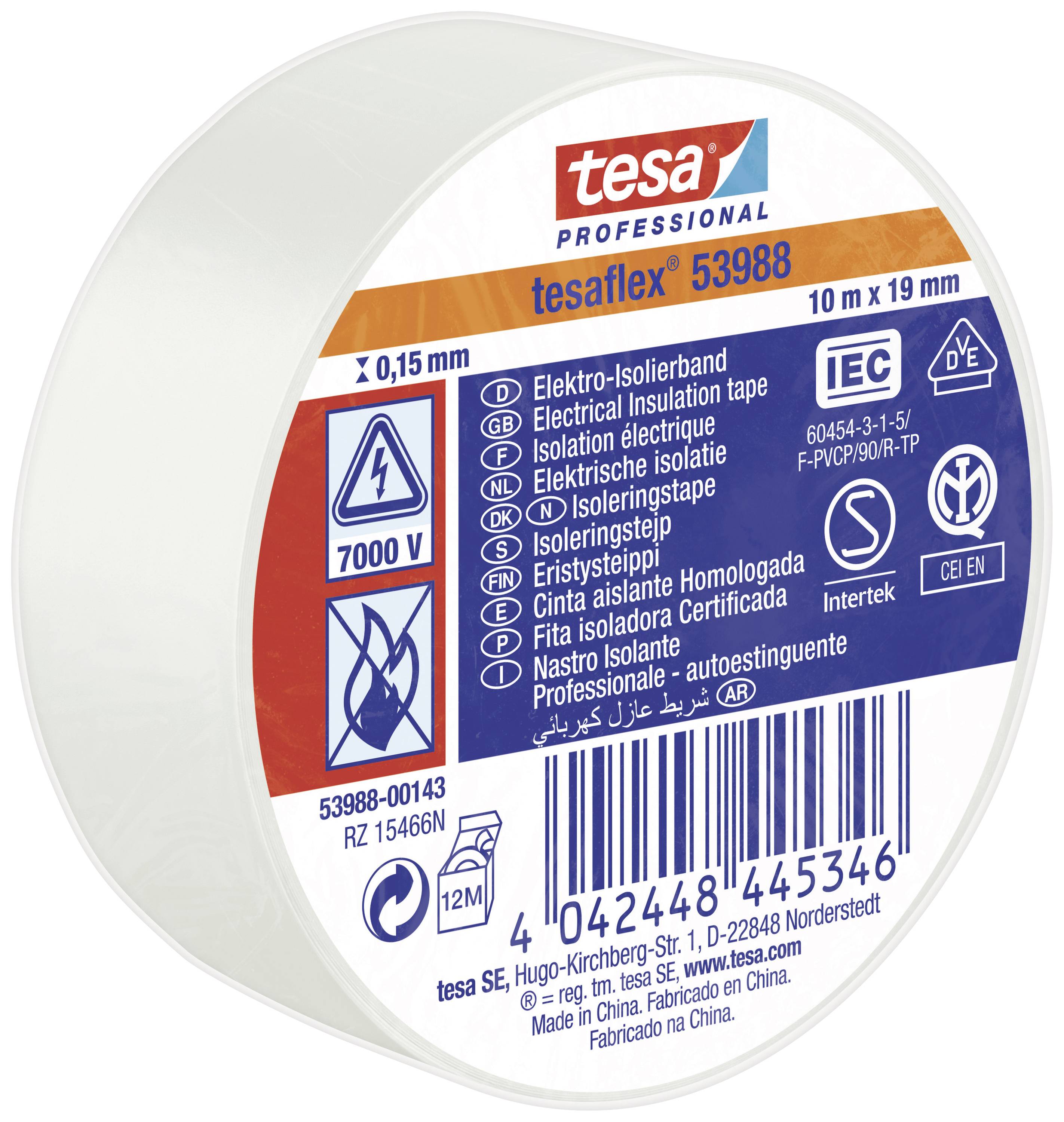 Eine Rolle weißes Elektro-Isolierband der Marke Tesa, 10 m lang und 19 mm breit, geeignet für Spannungen bis 7000 V.