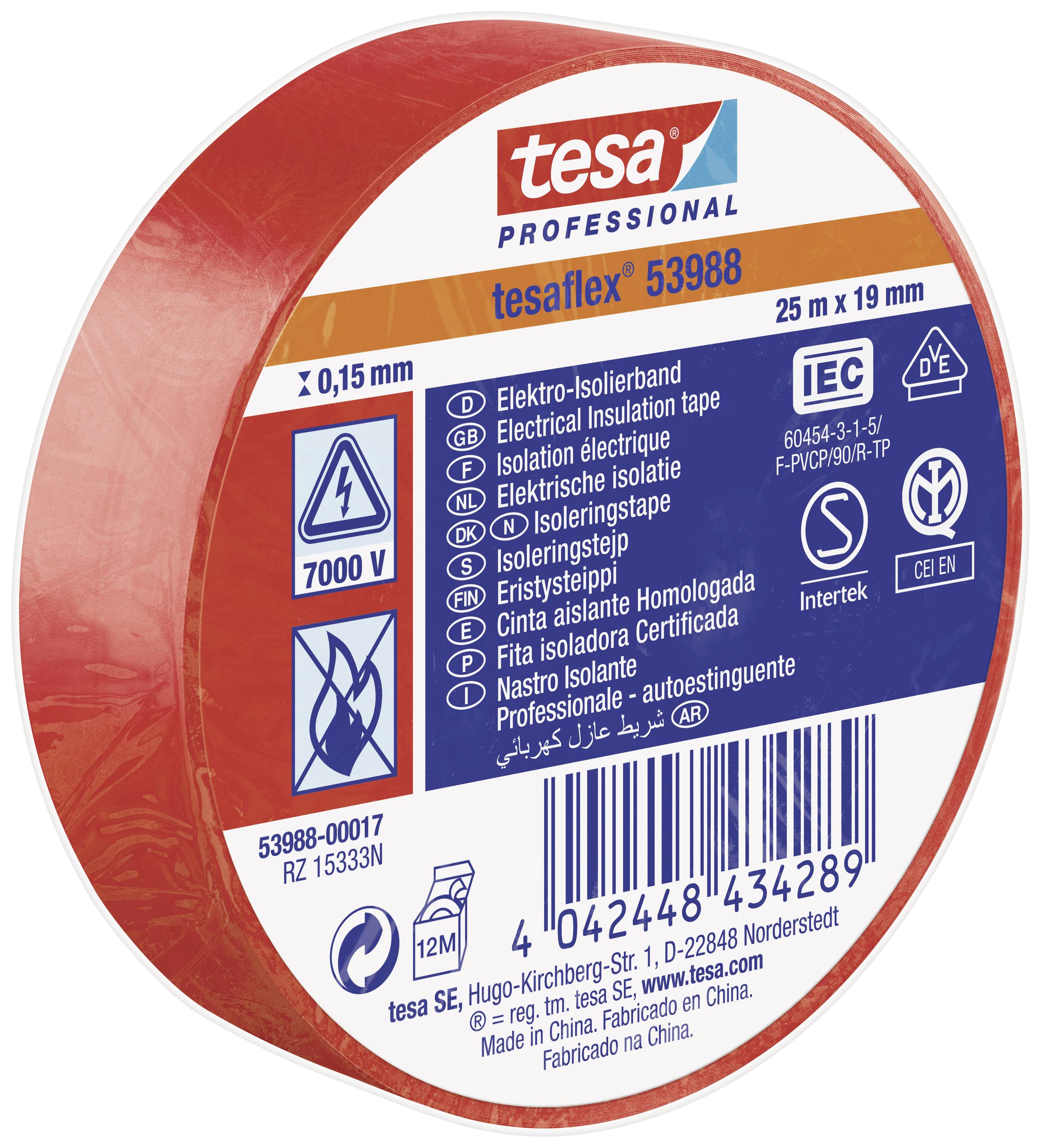 Rote tesa Klebebandrolle 'tesaflex 53988' für elektrische Isolierung, Größe 25 m x 19 mm, mit technischen Spezifikationen auf der Verpackung.
