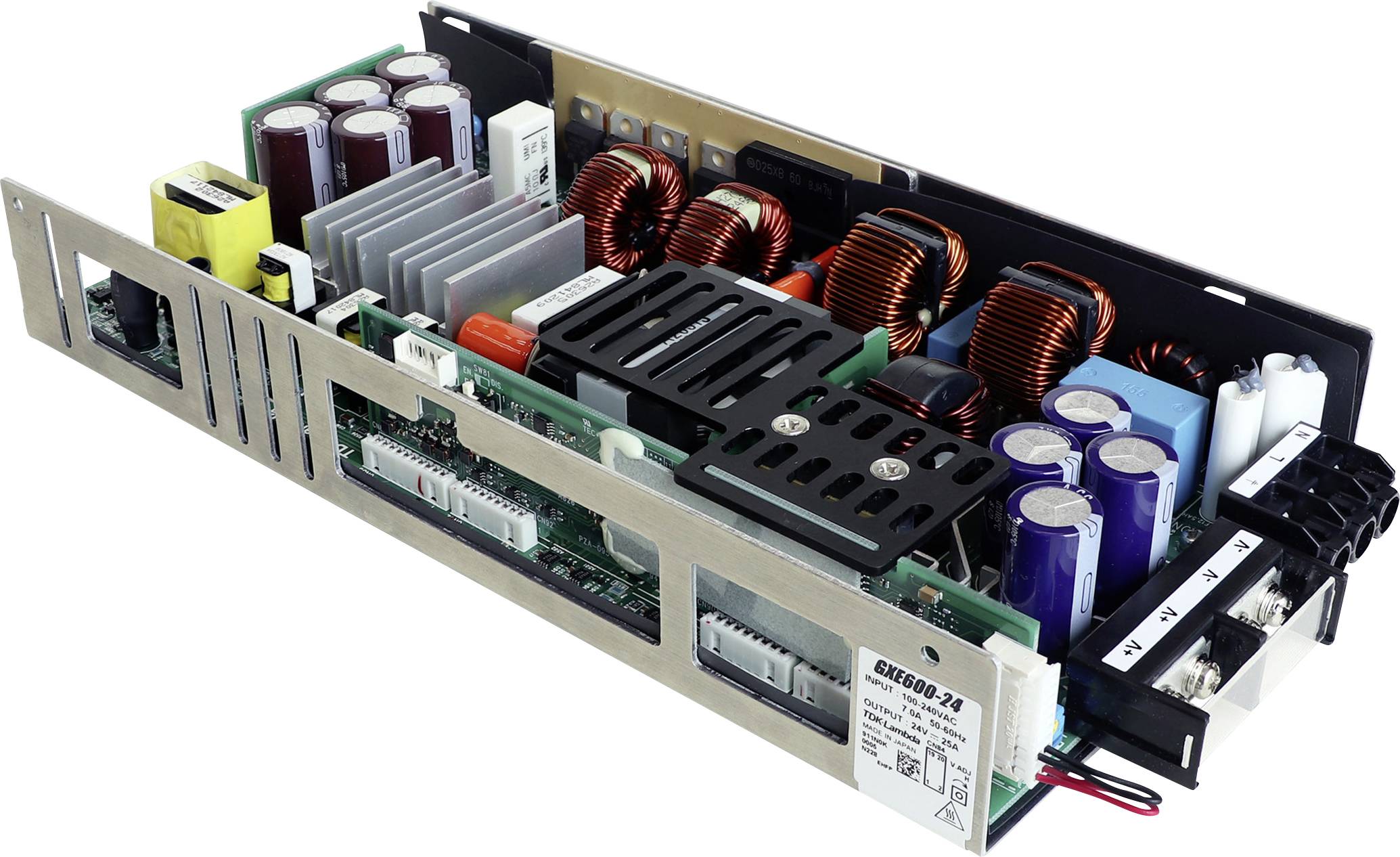 Netzteilmodul mit offenen elektronischen Bauteilen, wie Kondensatoren, Spulen und Kühlkörpern, auf einer Leiterplatte montiert.