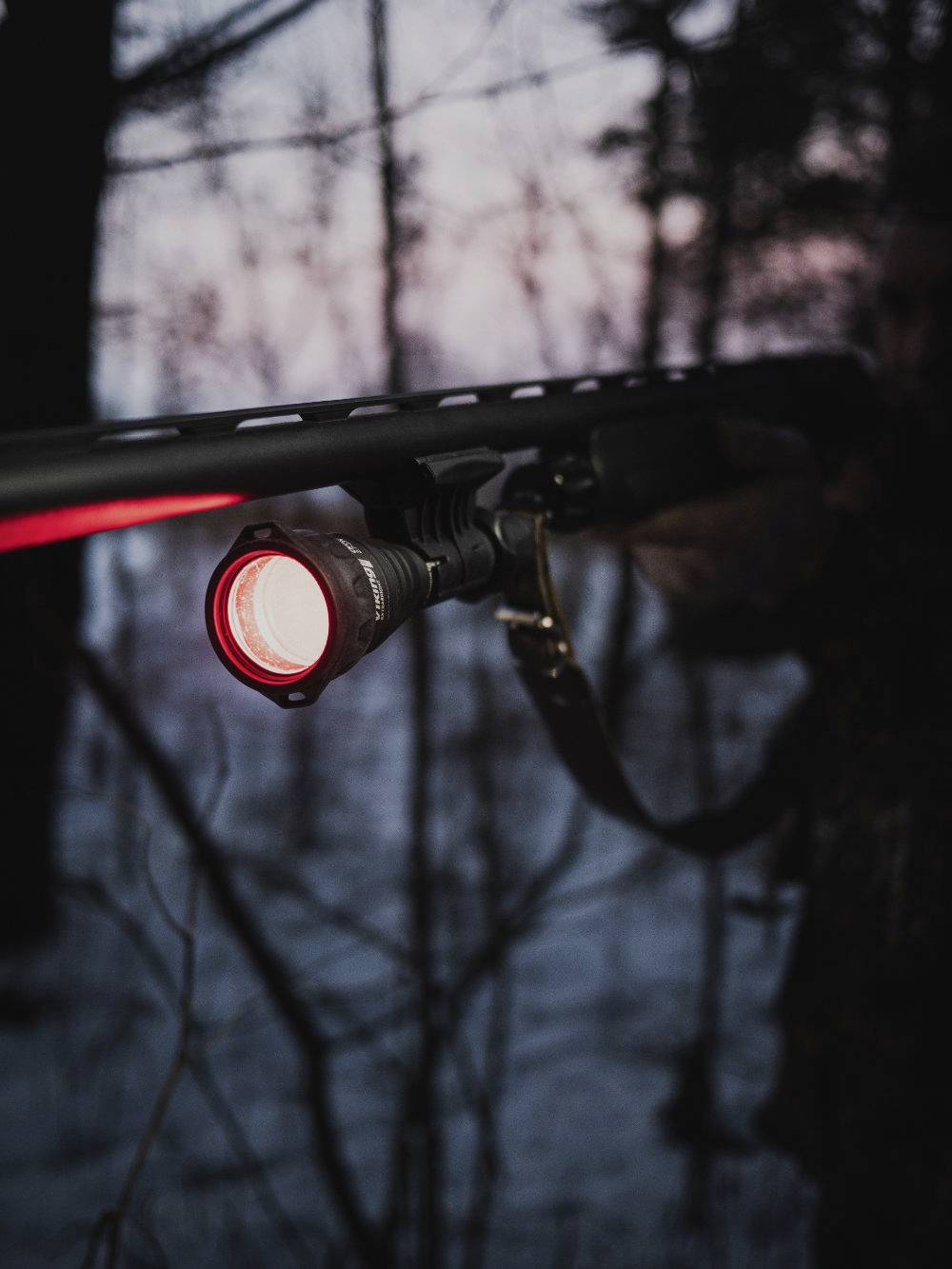 Eine Person im Wald hält eine Schusswaffe mit eingeschaltetem Rotlicht. Hintergrund zeigt verschwommene Bäume bei Dämmerung.