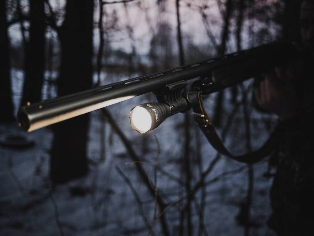Person im Wald hält ein Gewehr mit einer montierten Taschenlampe, gerichtet nach vorne. Dämmerung sorgt für gedämpftes Licht.