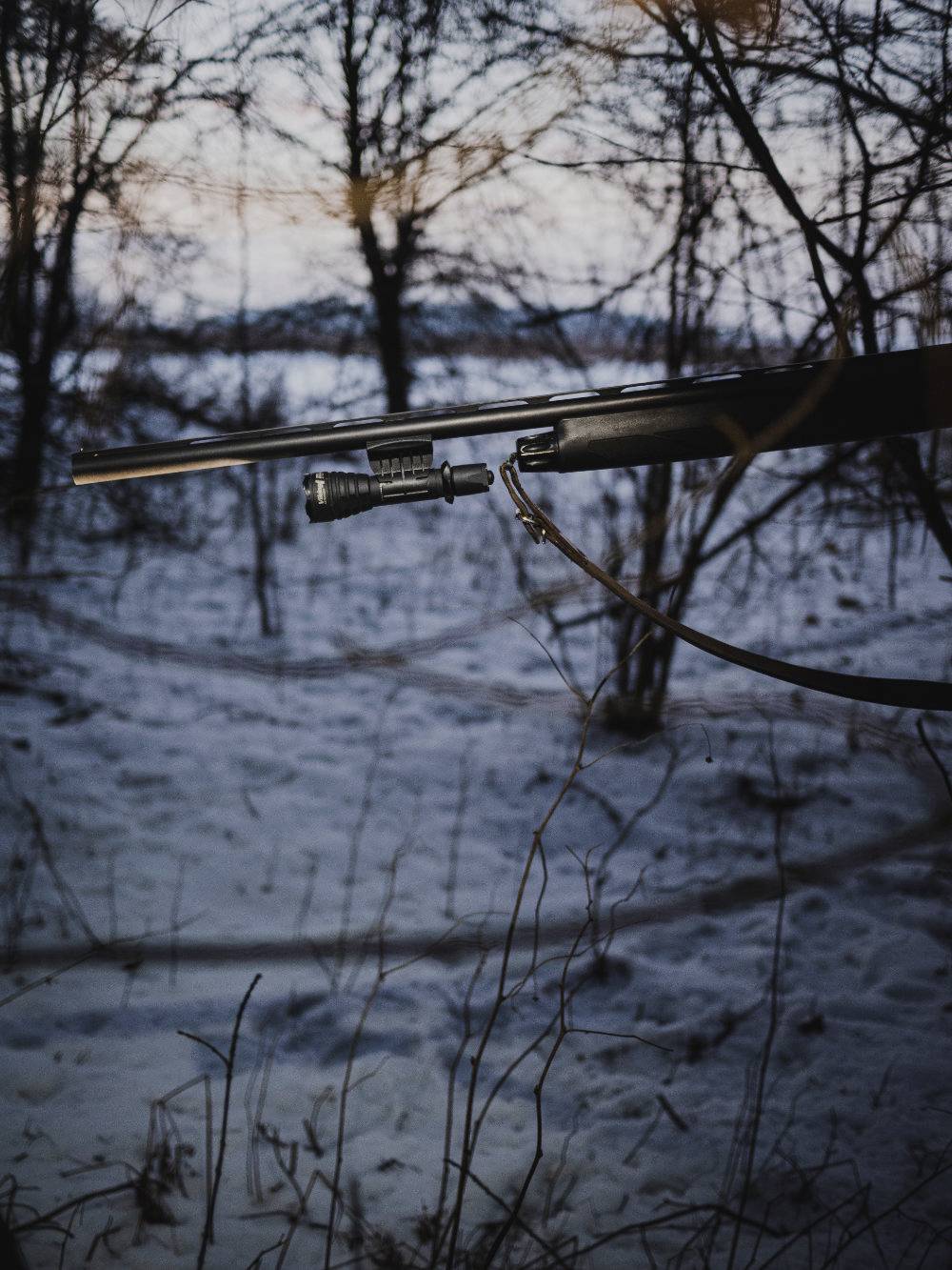 Gewehr hängt an einem Ast in einem verschneiten, kargen Wald bei Dämmerung. Bäume im Hintergrund, ruhige winterliche Atmosphäre.