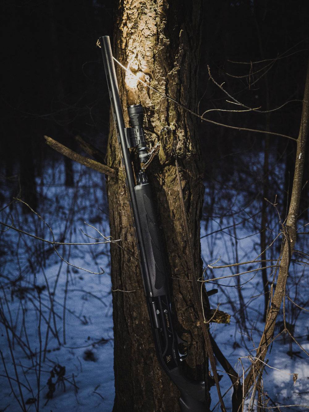 Ein Gewehr lehnt an einem Baumstamm im Wald bei Nacht. Der Hintergrund zeigt Schneedetails, die eine Winterlandschaft andeuten.