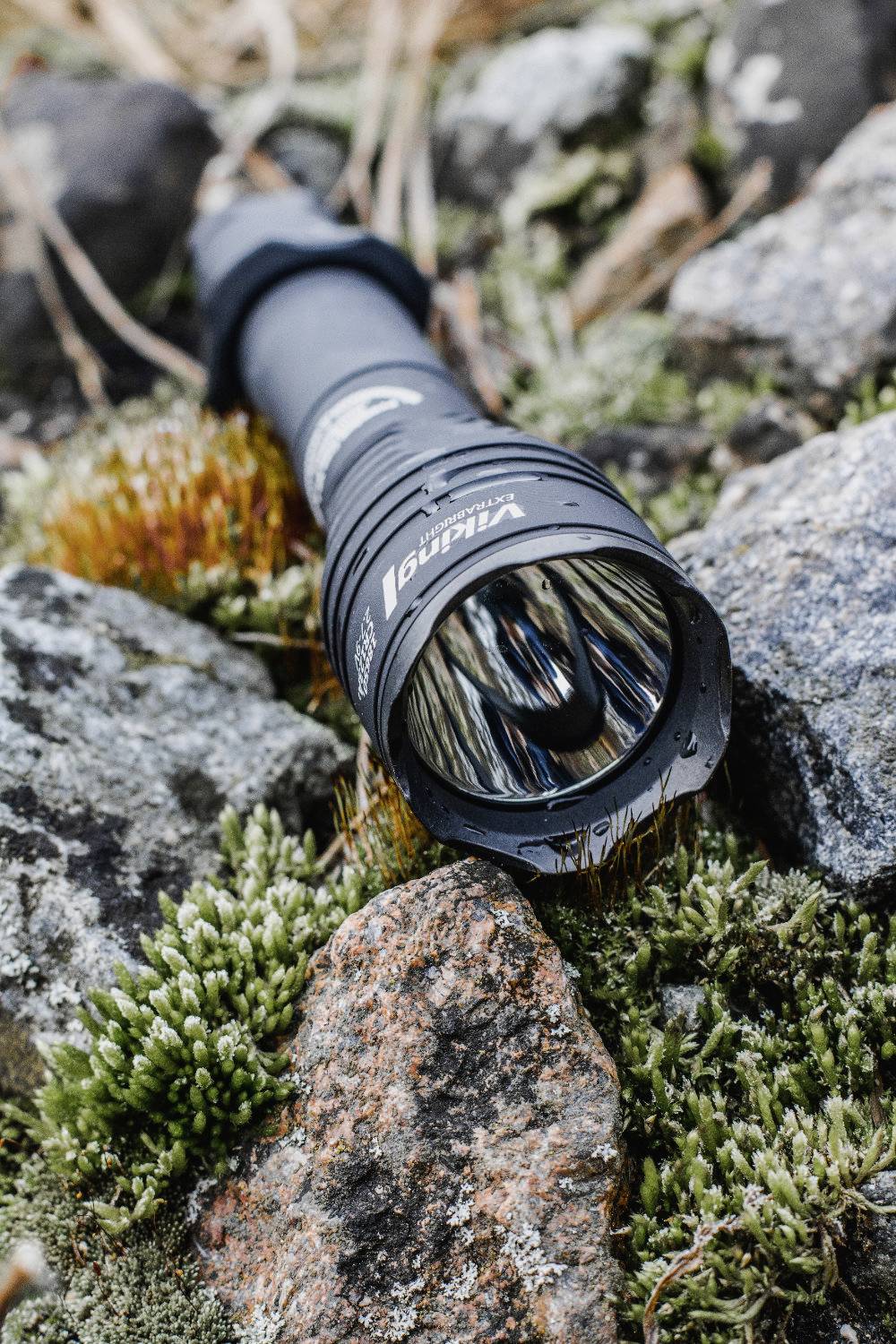 Taschenlampe liegt auf moosbewachsenen Steinen im Freien. Die Umgebung wirkt natürlich und feucht, was auf Outdoor-Aktivität hindeutet.