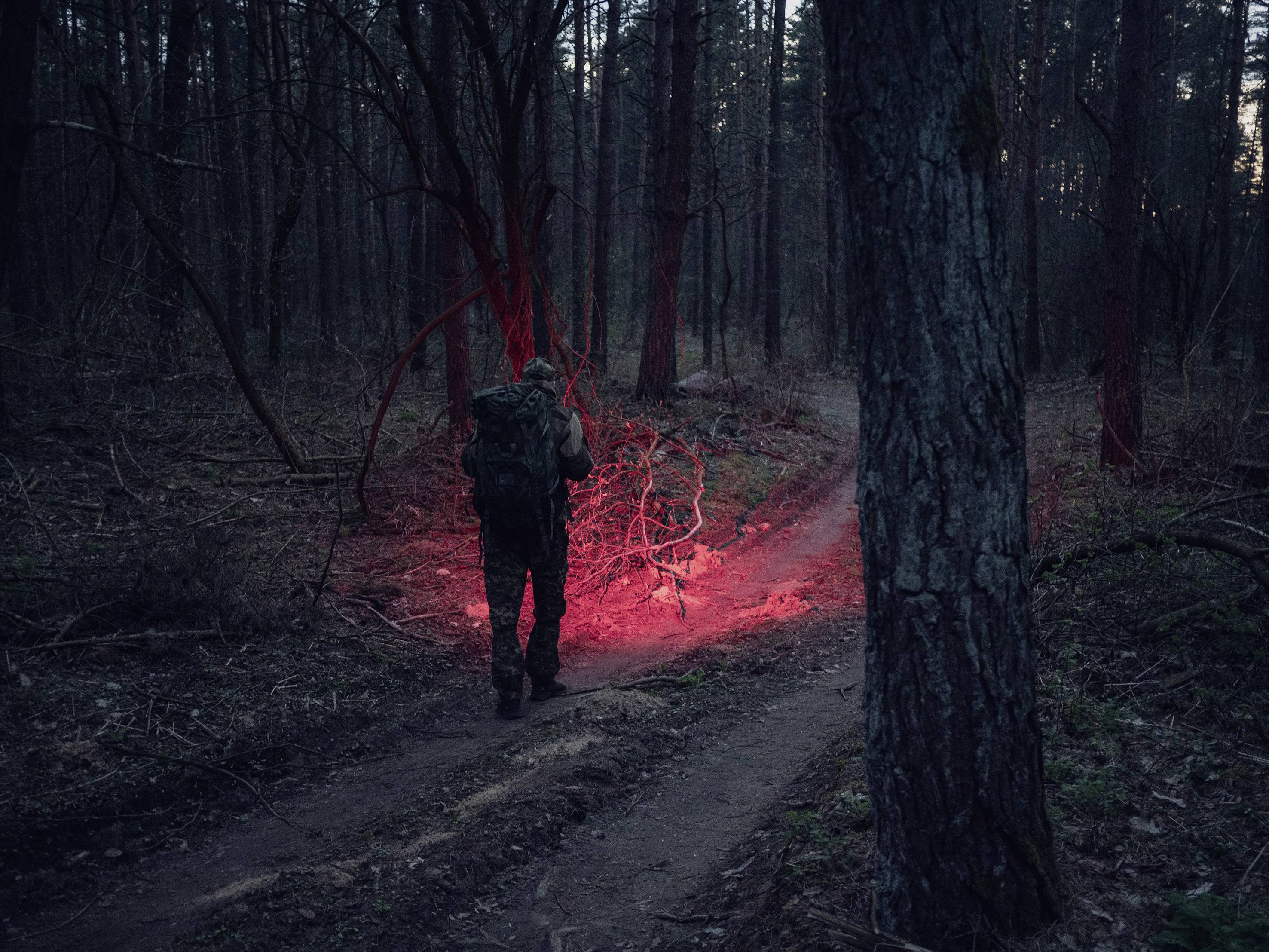 Ein Soldat in Tarnkleidung trägt bei Dämmerung im Wald Äste, die rot angestrahlt werden. Der Weg ist von Bäumen umgeben.