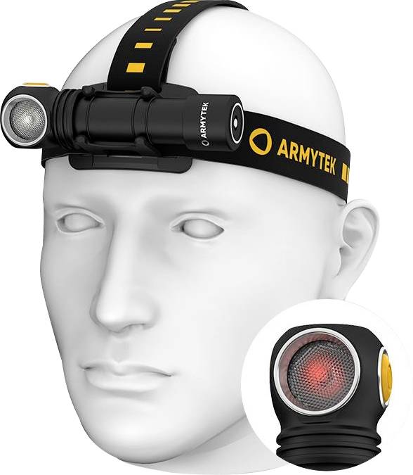 Kopf eines weißen Modellkopfs mit einer schwarzen Stirnlampe der Marke 'ARMYTEK', die über einen elastischen Gurt gehalten wird.