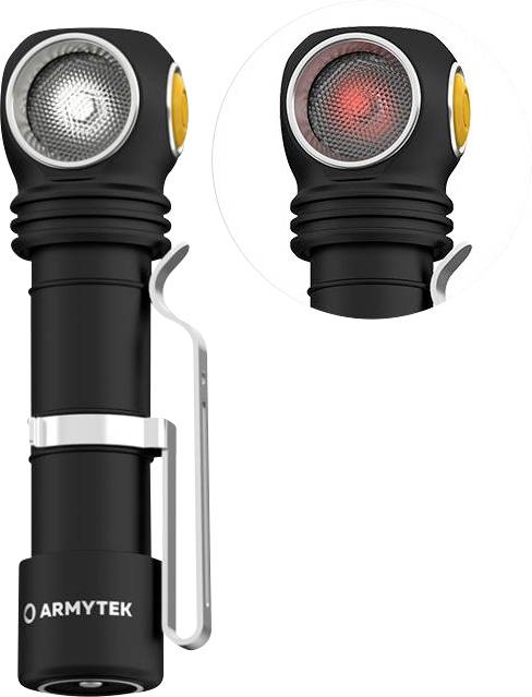 Eine schwarze, kompakte Taschenlampe mit Clip und zwei Lichtmodi: Weiß und Rot. Sie hat einen seitlichen Schalter und die Marke ist 'ARMYTEK'.