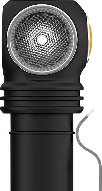 Schwarze Taschenlampe mit abgewinkeltem Kopf und strukturierter Linse, zeigt das Design und die Funktion zum Ausleuchten von Bereichen.