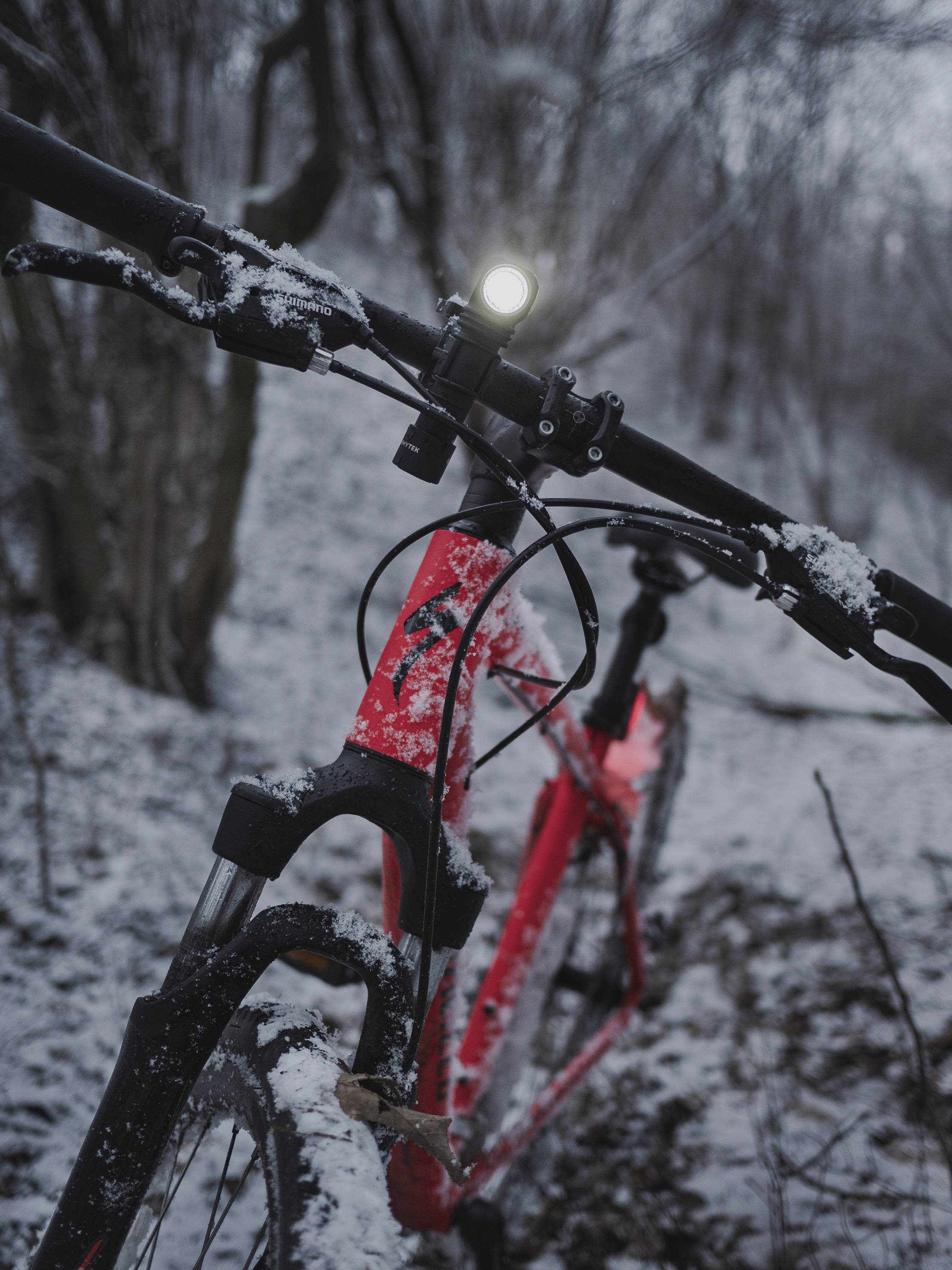 Rotes Fahrrad mit eingeschaltetem Vorderlicht auf einem verschneiten Waldweg bei Dämmerung. Reifen und Rahmen sind mit Schnee bedeckt.