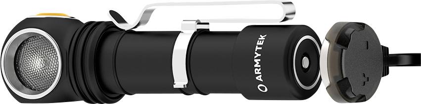 Kompakte schwarze Taschenlampe mit seitlichem Clip und Magnetladekabel. Markierung 'Armytek'.
