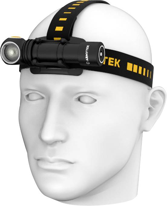 Eine LED-Stirnlampe ist auf einem weißen Modellkopf montiert. Die Stirnlampe hat einen schwarzen Riemen mit gelben Markierungen.