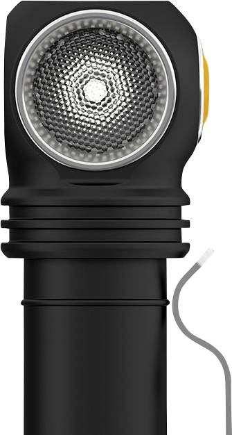 Schwarze LED-Taschenlampe mit zylindrischem Griff und seitlich angebrachter gelber Taste, zeigt die Frontansicht der Linse.