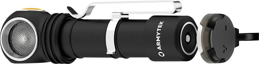 Kompakte schwarze Taschenlampe mit seitlichem Schalter und Clip, Marke 'ARMYTEK', neben einem magnetischen Ladegerät.