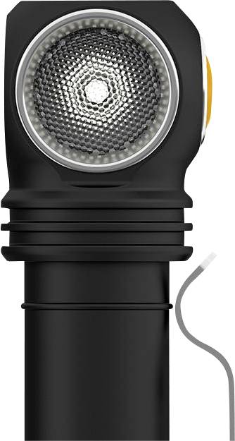Schwarze Taschenlampe mit einem großen, runden LED-Kopf und geripptem Griff. Ein graues Kabel hängt an der Seite herab.