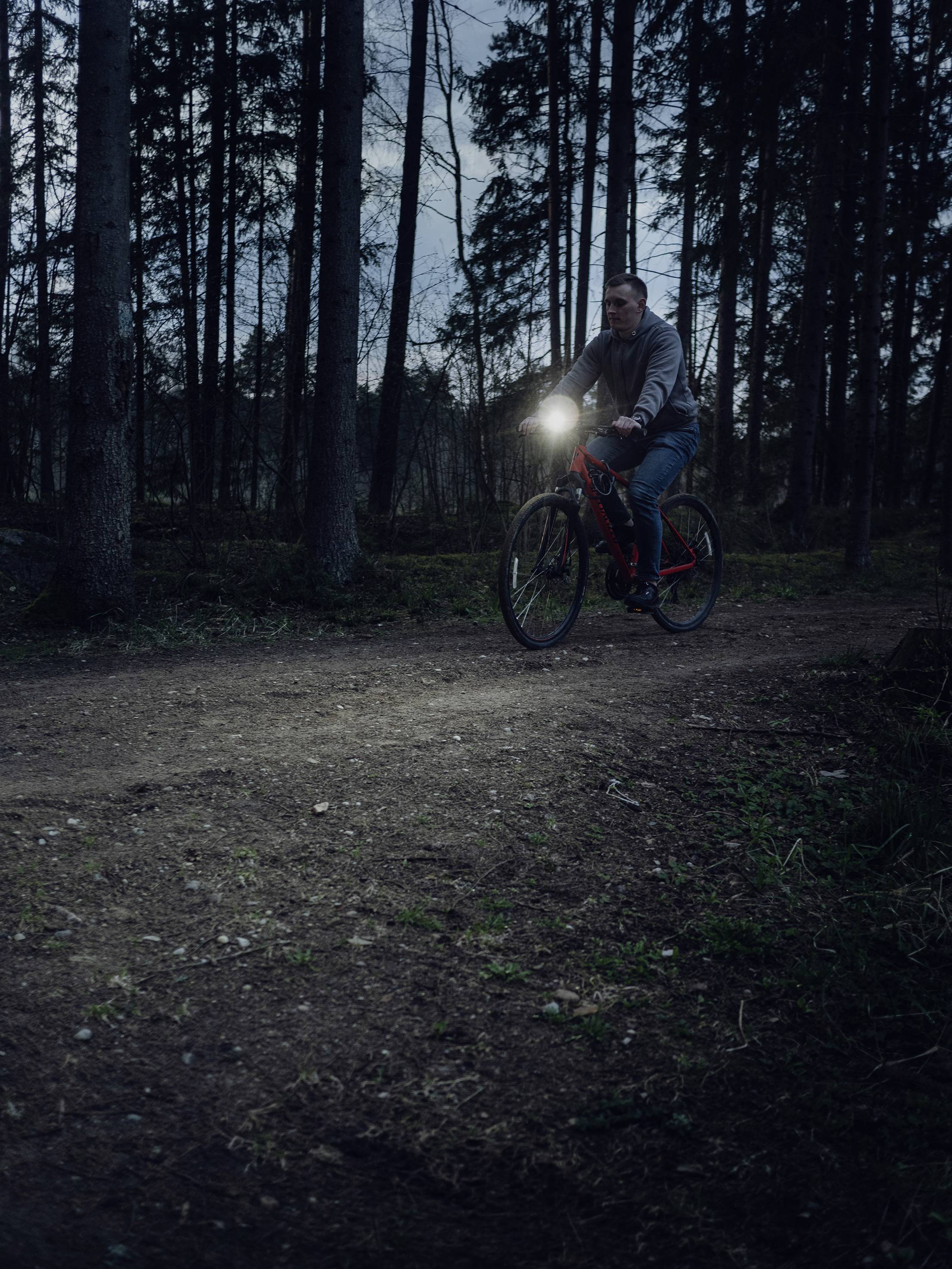 Eine Person fährt bei Nacht ein Fahrrad mit eingeschaltetem Licht durch einen Waldweg, umgeben von hohen Bäumen.