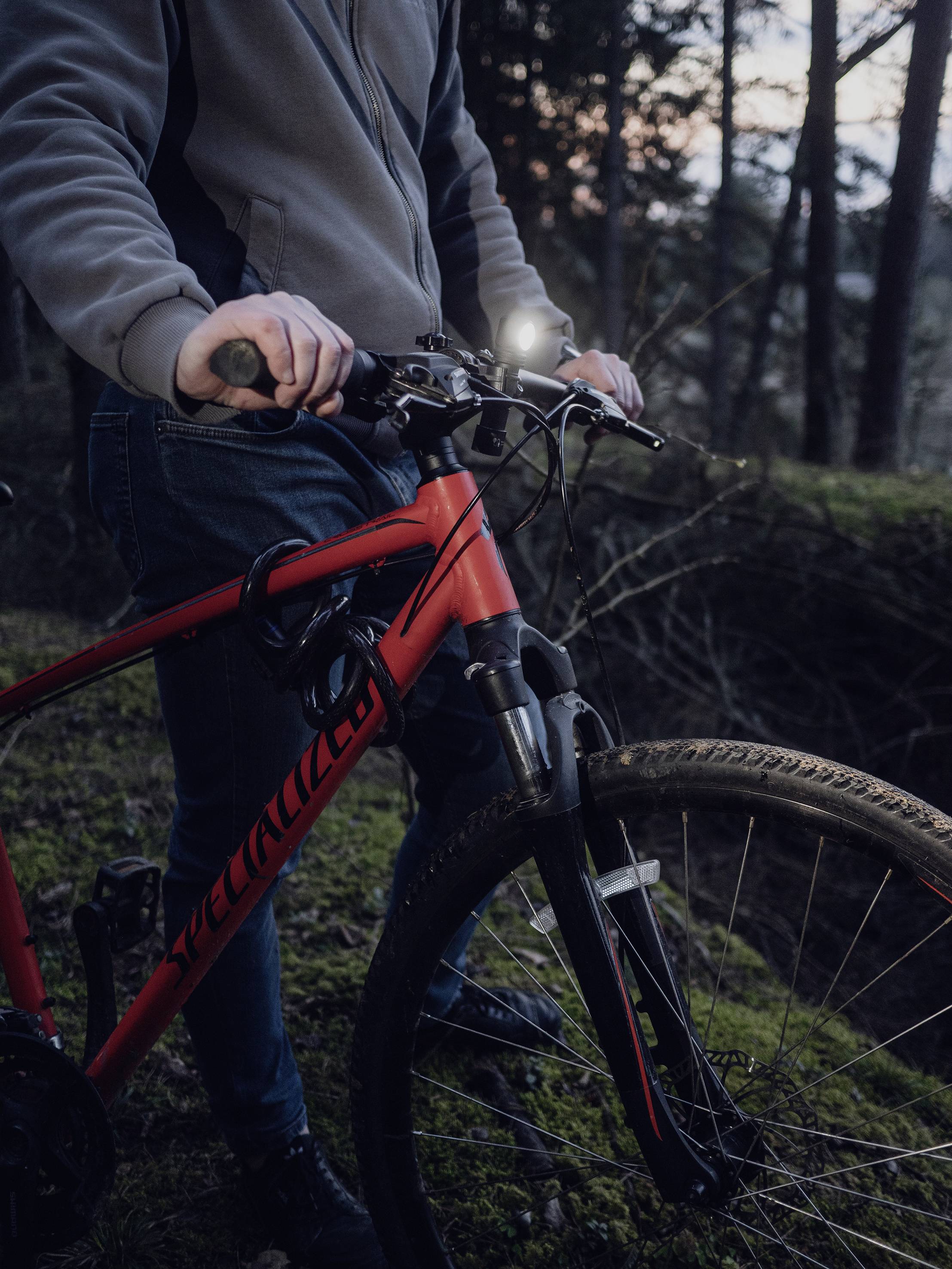 Eine Person in Outdoor-Kleidung hält ein rotes Mountainbike auf einem bewaldeten Weg bei Dämmerung.