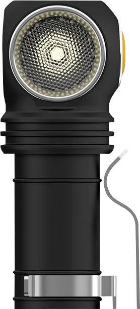 Eine schwarze, kompakte Taschenlampe mit einem um 90 Grad schwenkbaren Kopf und einem Metallclip an der Seite, orientiert auf Lichtmodi.