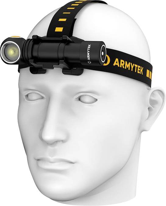 Ein Modellkopf mit einer schwarzen Stirnlampe, die seitlich eine runde LED-Leuchte hat. Die Stirnlampe ist mit 'Armytek' beschriftet.
